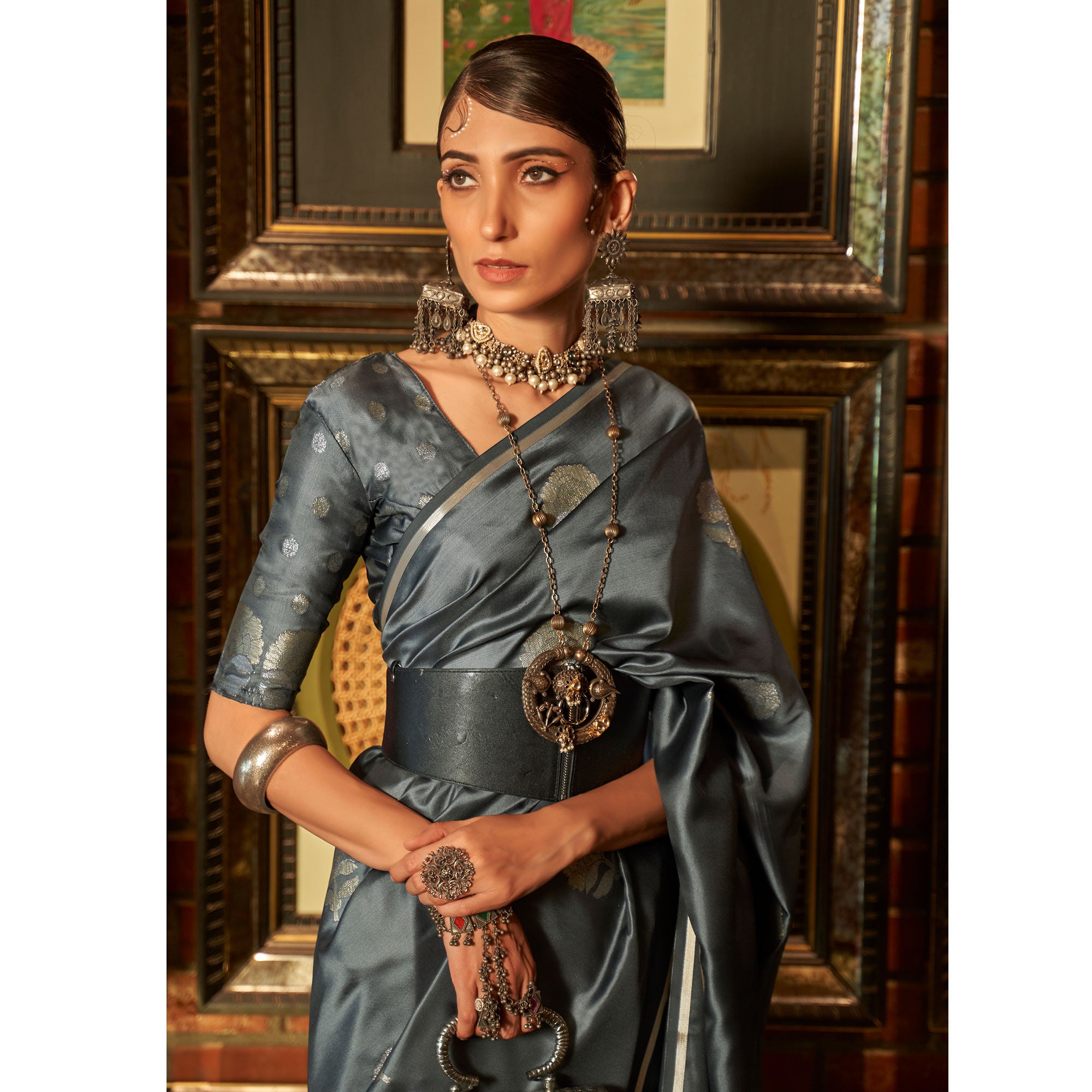 Grey Floral Woven Satin Saree With Tassels