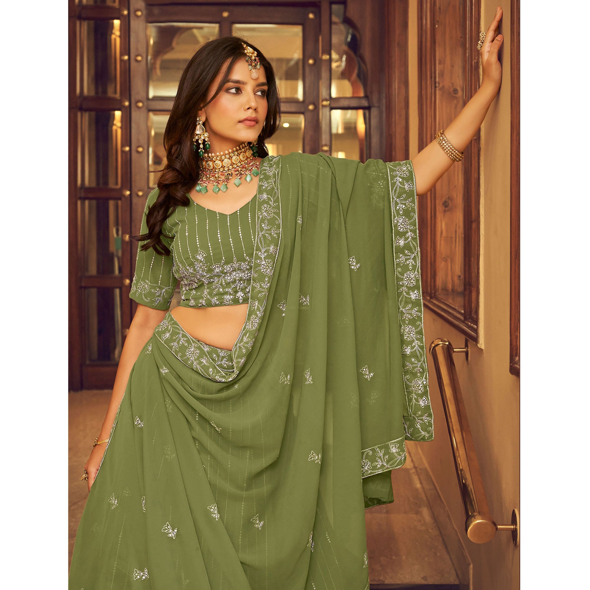 Mehendi Green Sequins Embroidered Georgette Lehenga Choli