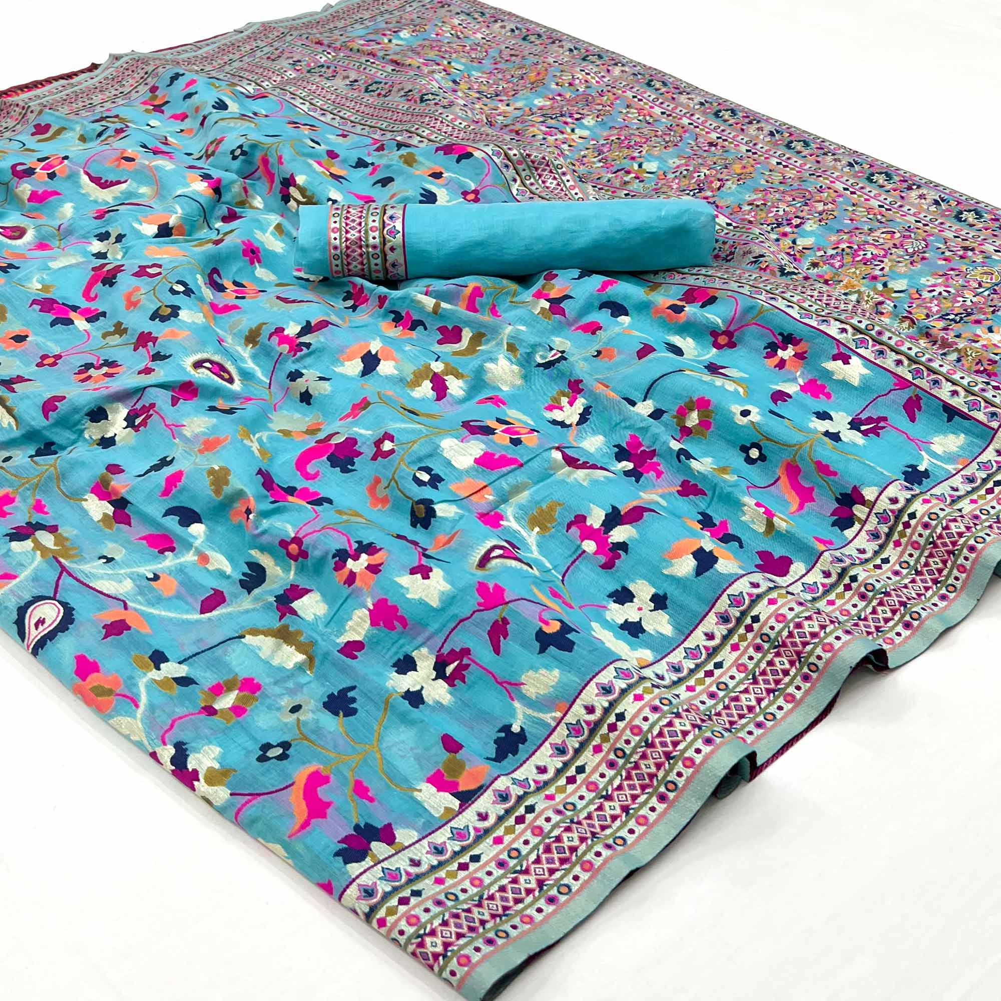 Firozi Blue Floral Woven Pashmina Saree