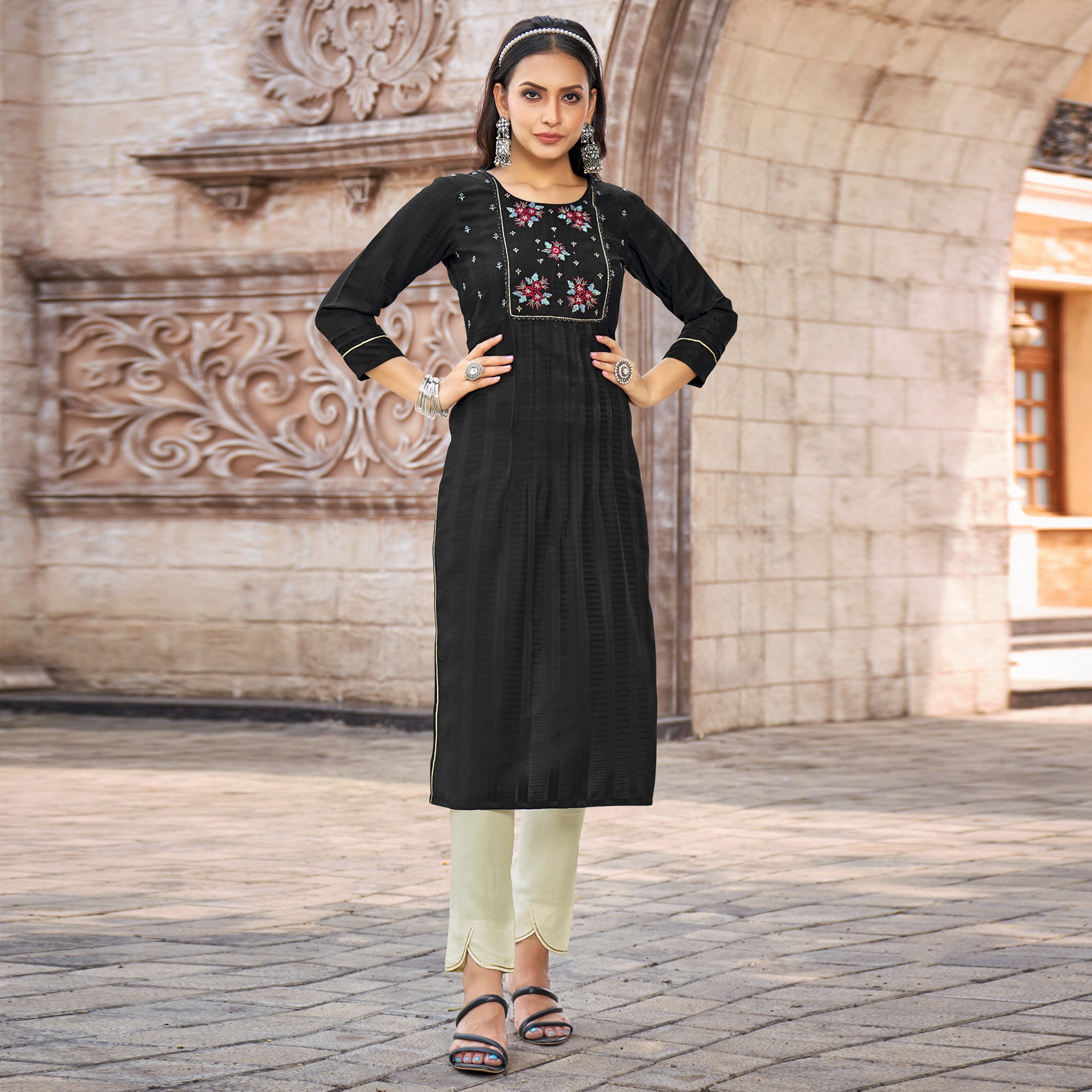 Black Embroidered Rayon Kurti