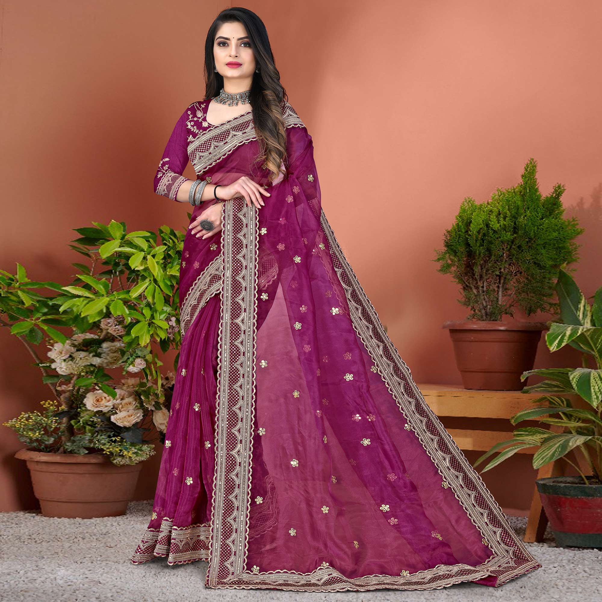 Purple Sequence Emroidered Organza Saree