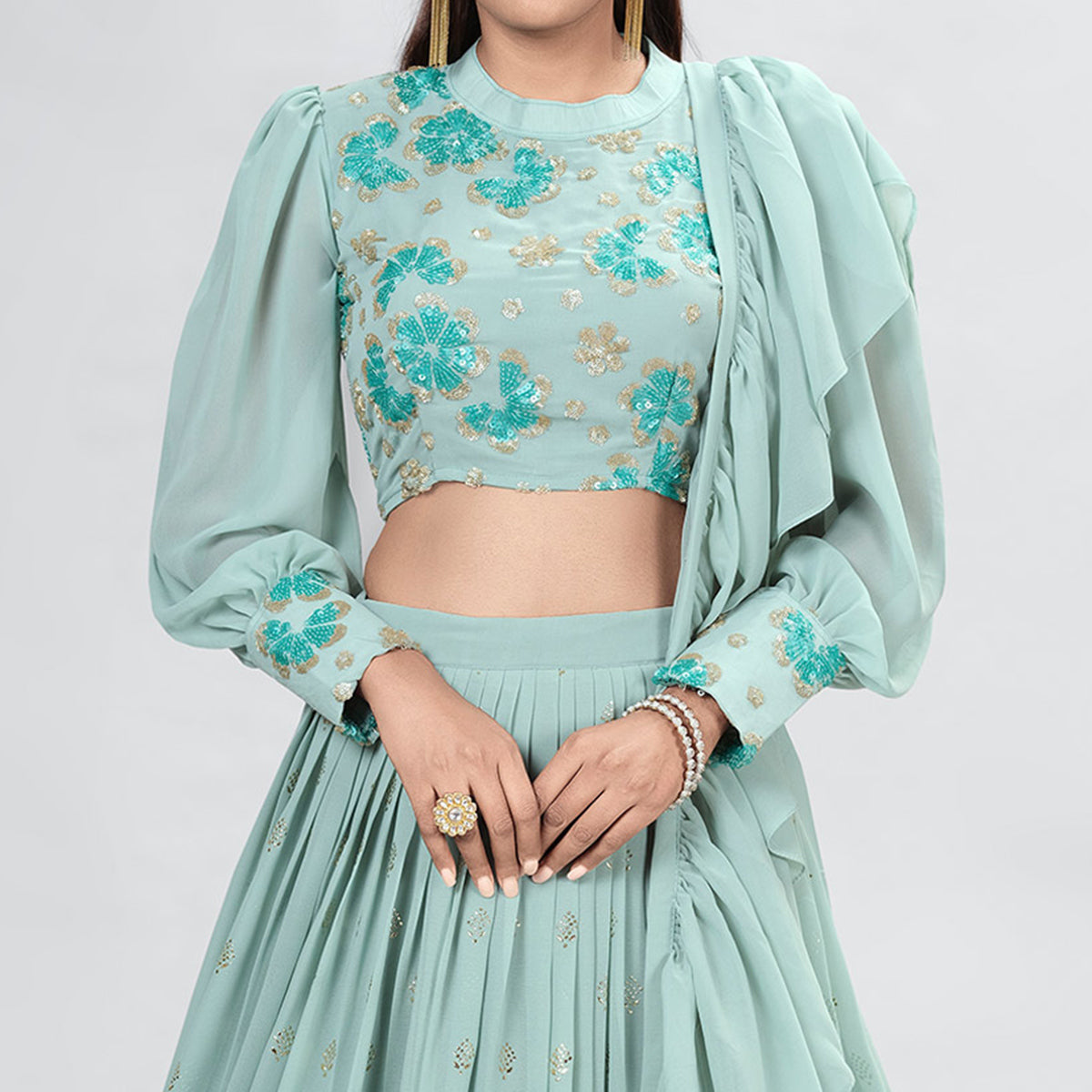 Aqua Green Embellished With Embroidered Georgette Lehenga Choli