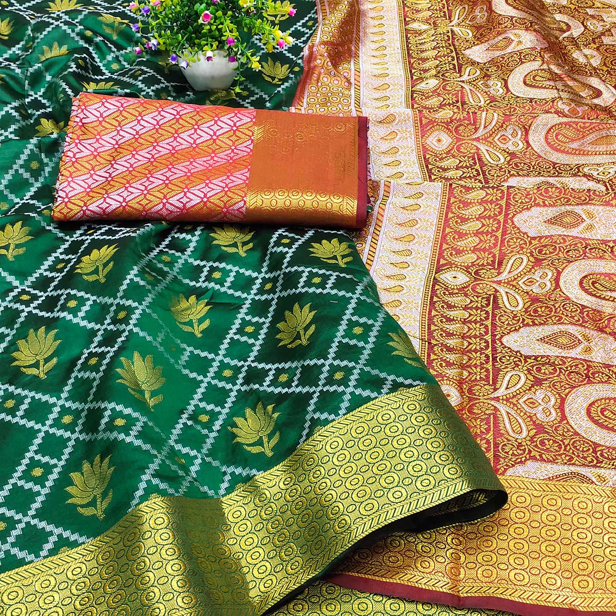 Bottle Green Floral Woven Banarasi Silk Saree