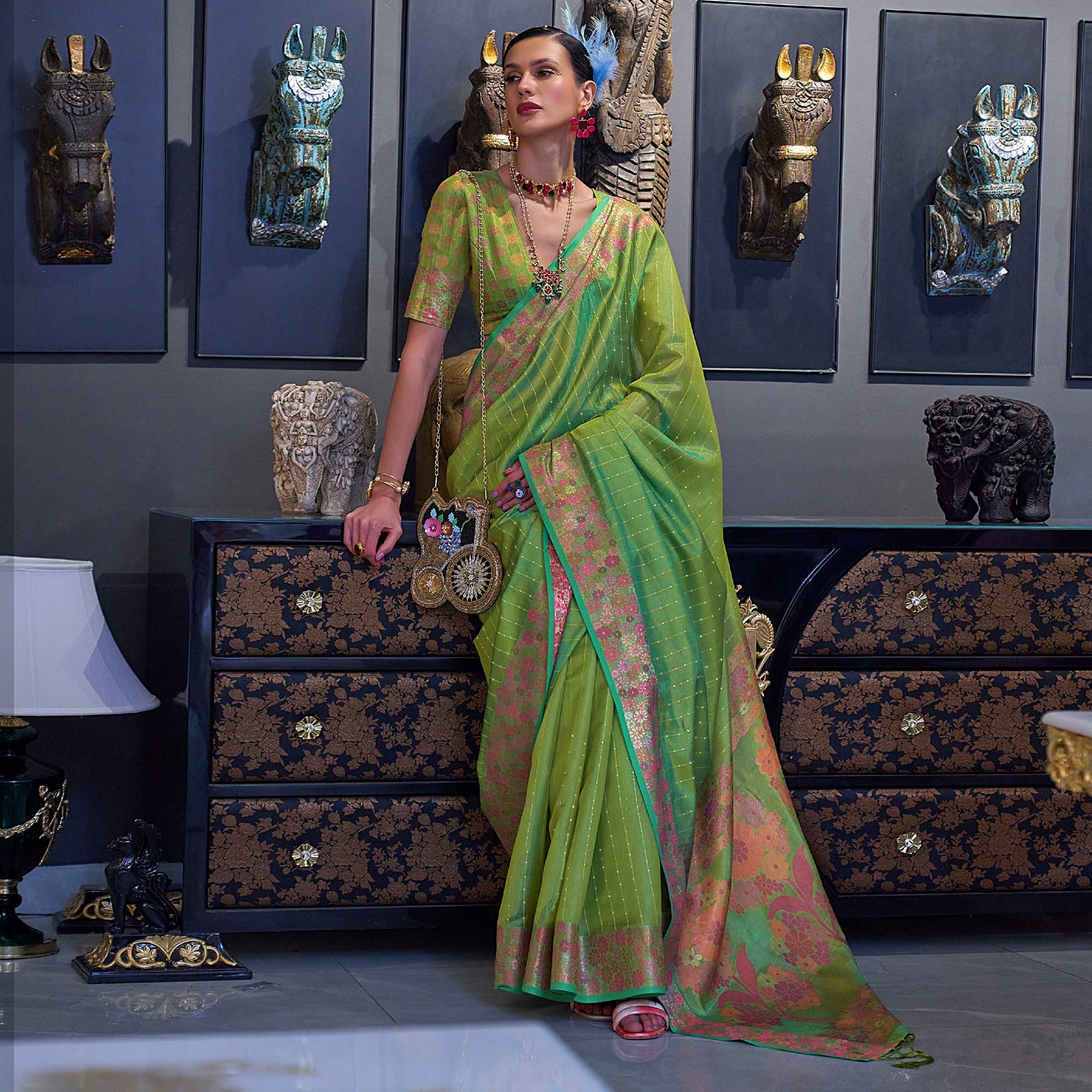 Mint Green Woven With Sequins Work Organza Saree