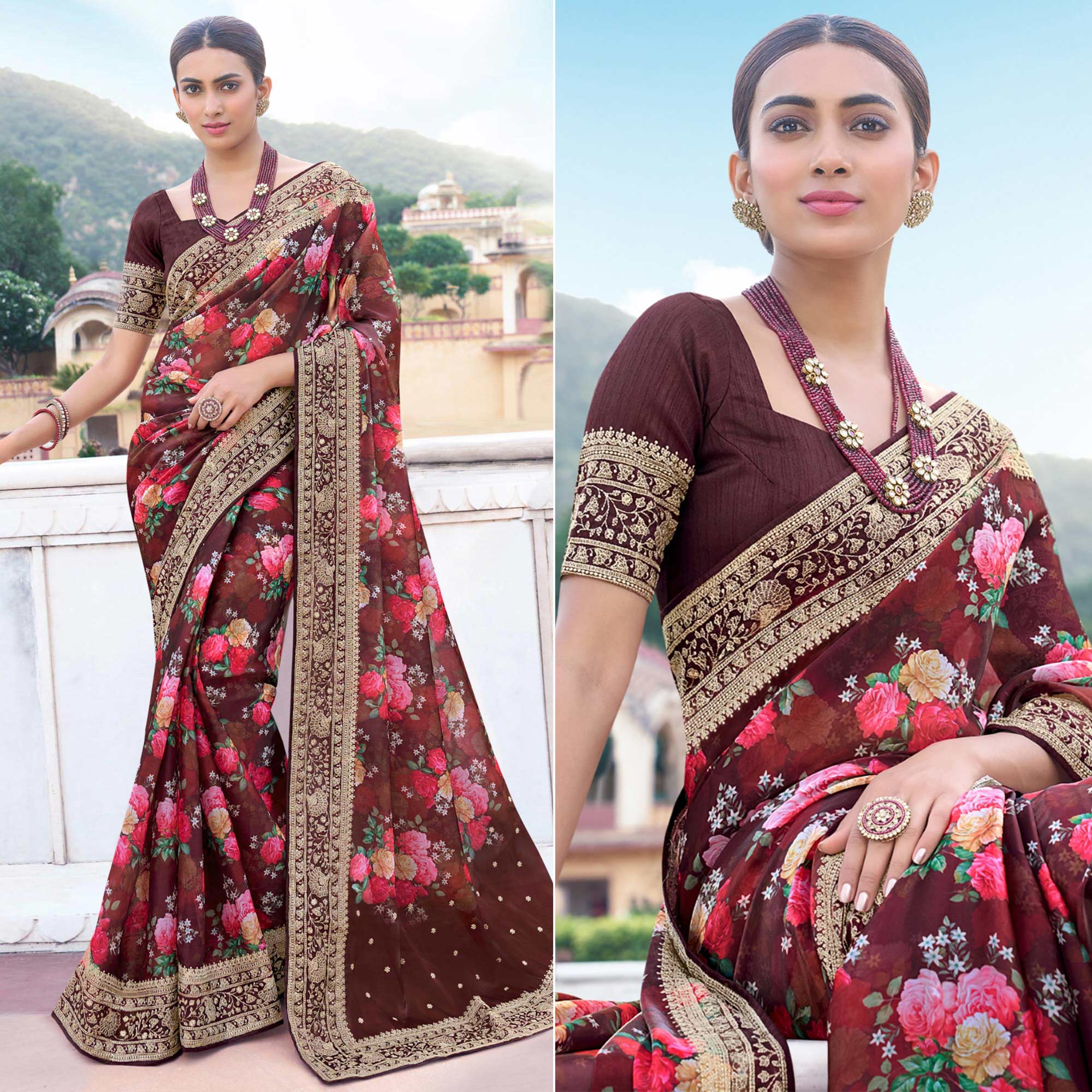 Maroon Floral Printed With Embroidered Organza Saree