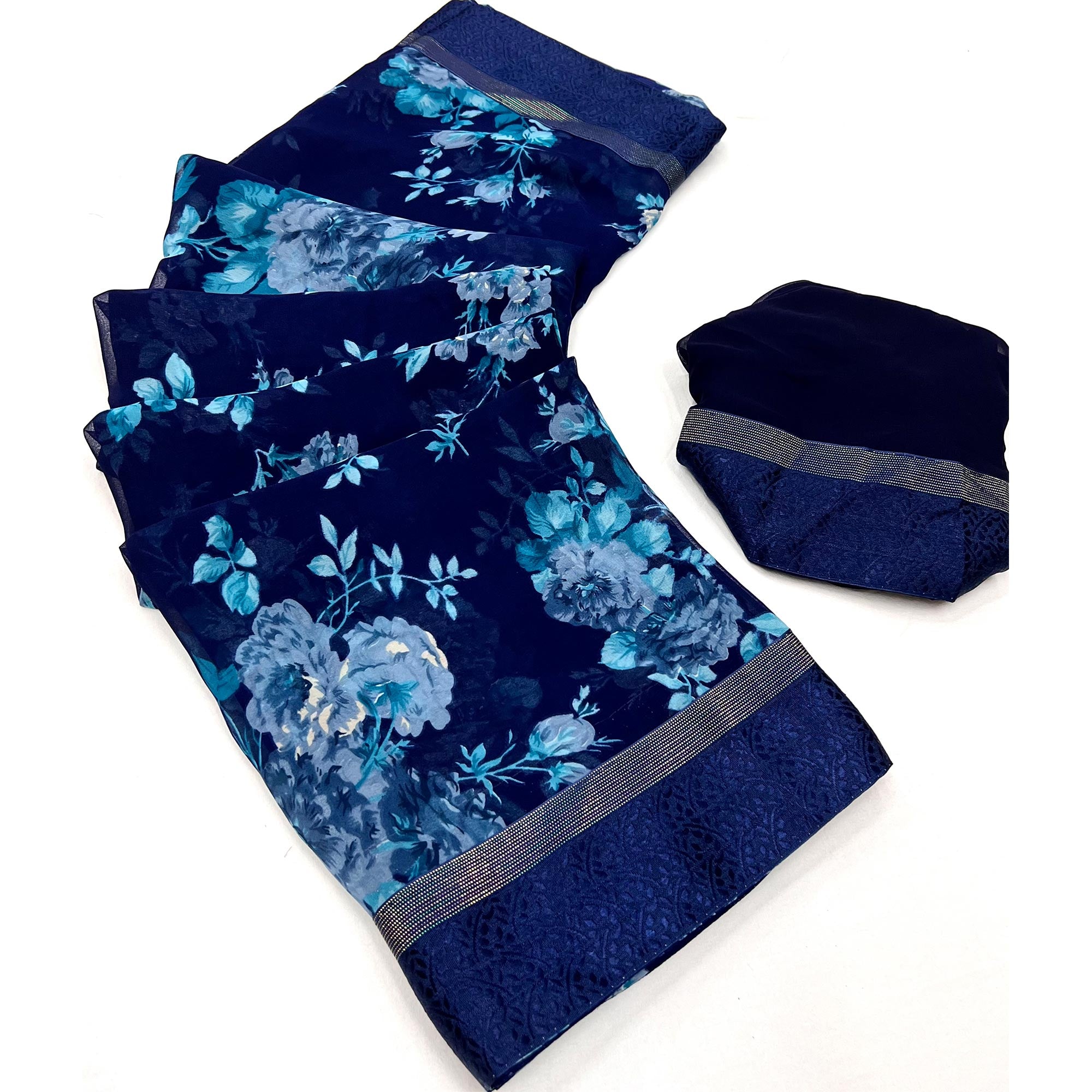 Navy Blue Floral Printed Georgette Saree