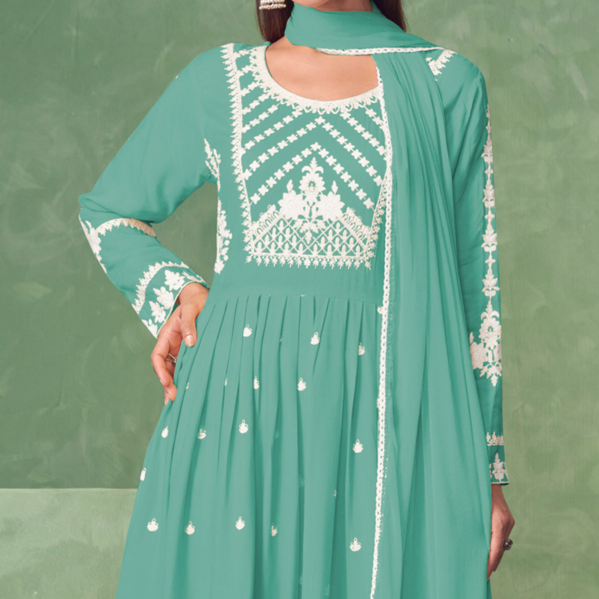 Turquoise Lucknowi Work Rayon Naira Cut Palazzo Suit