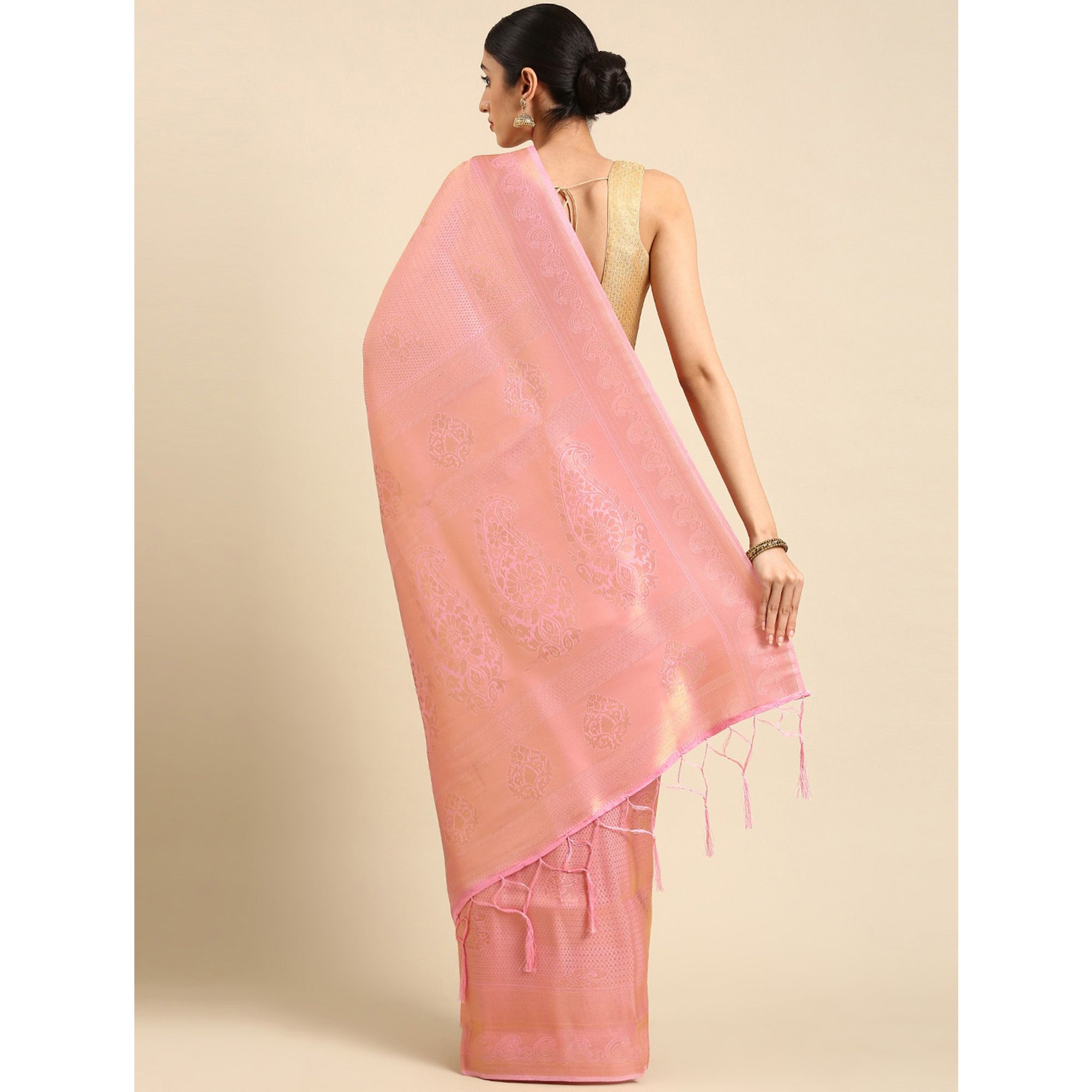 Peach Woven Kanjivaram Silk Saree WithTassels