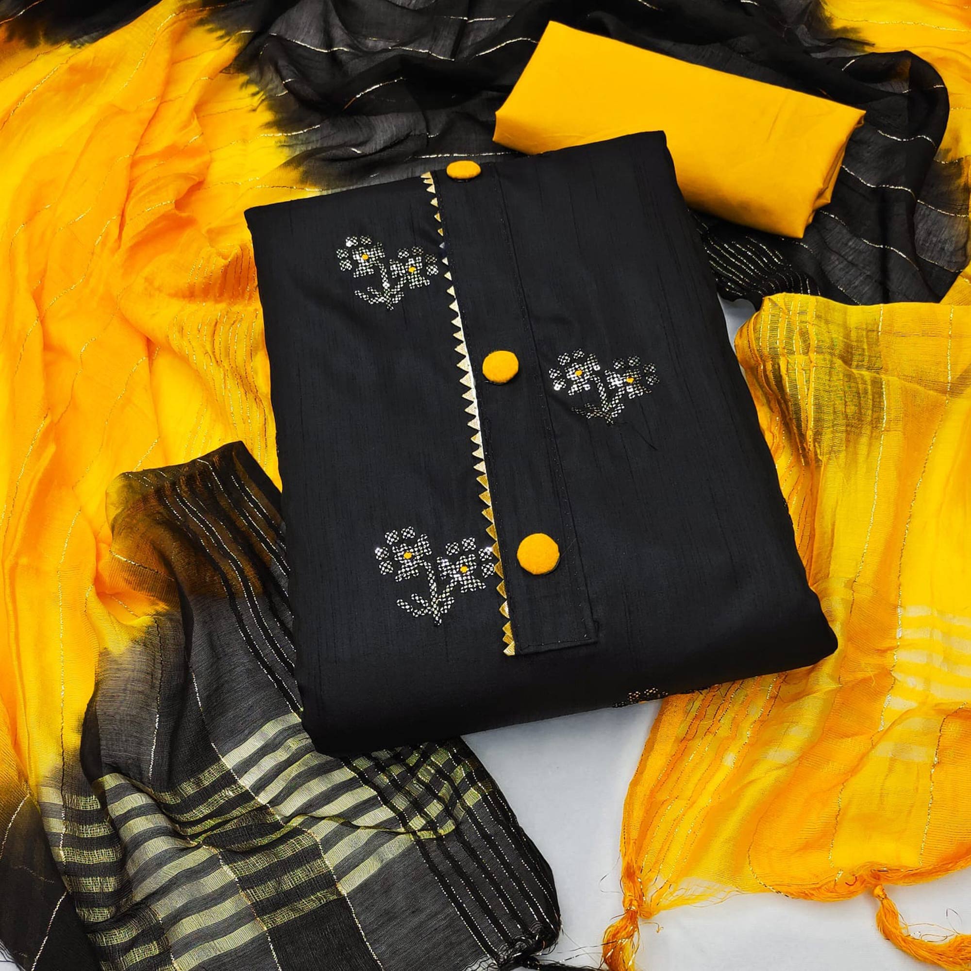 Black Floral Sequins Embroidered Art Silk Dress Material