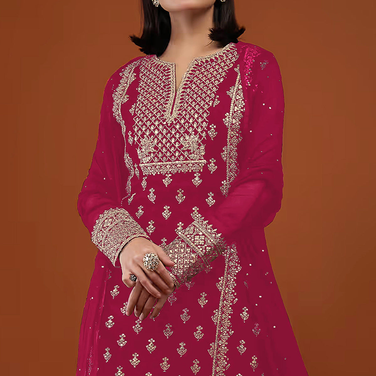 Pink Sequins Embroidered Georgette Semi Stitched Palazzo Suit