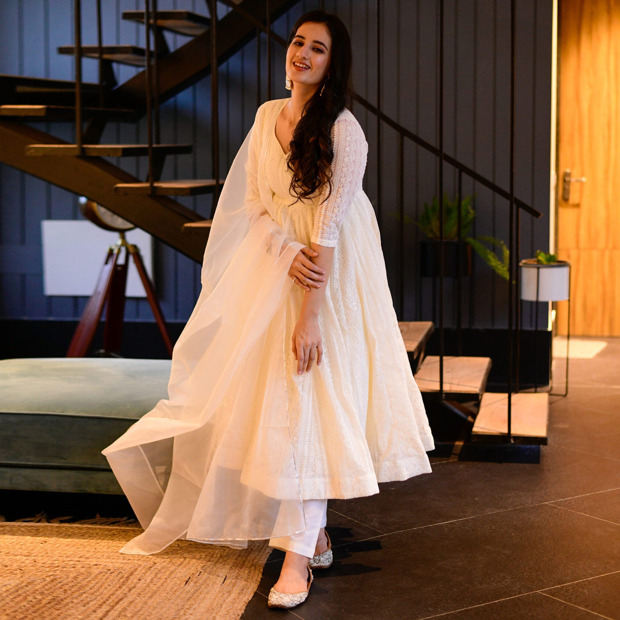 White Lucknowi Chikankari Work Georgette Anarkali Suit