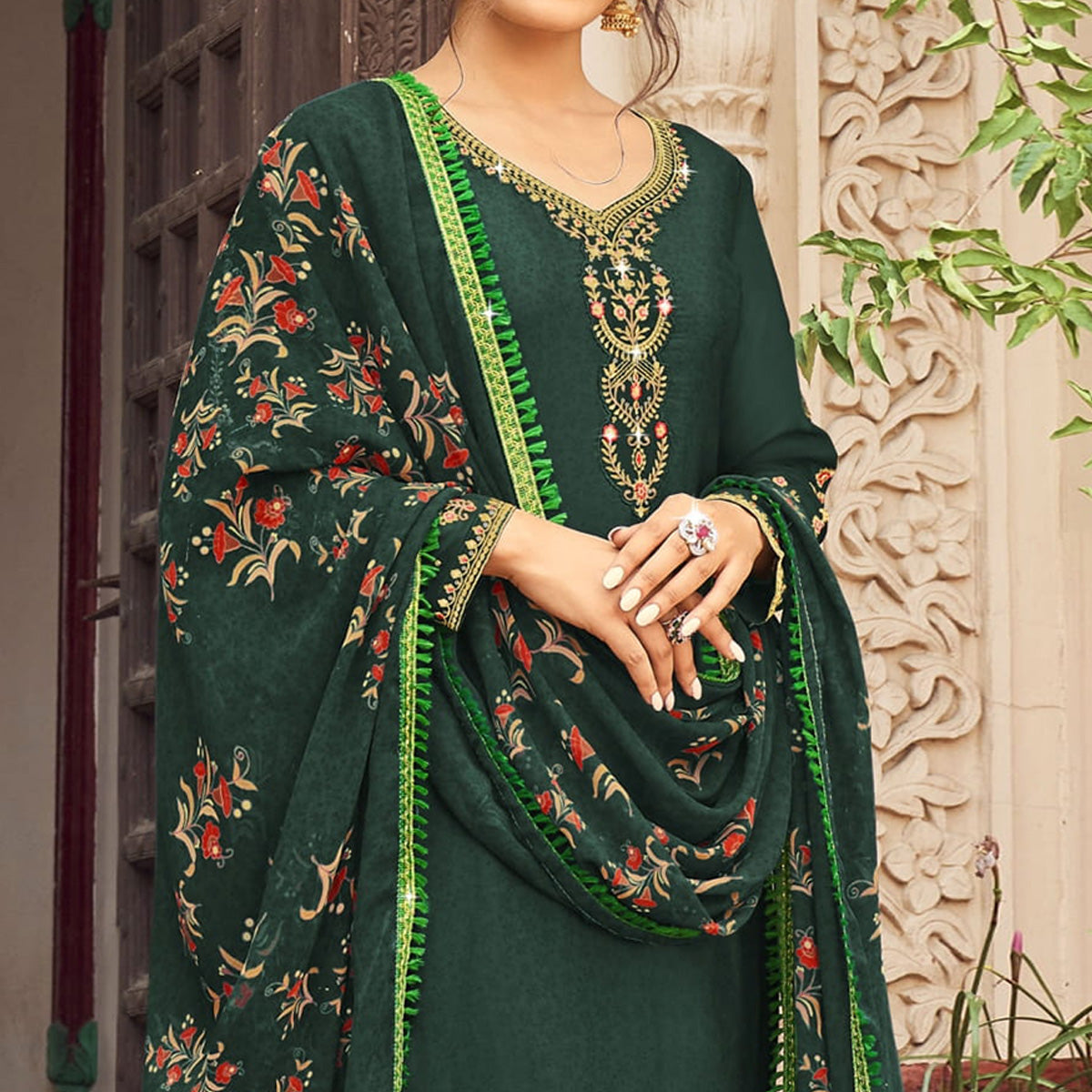 Green Floral Embroidered Crepe Patiala Suit