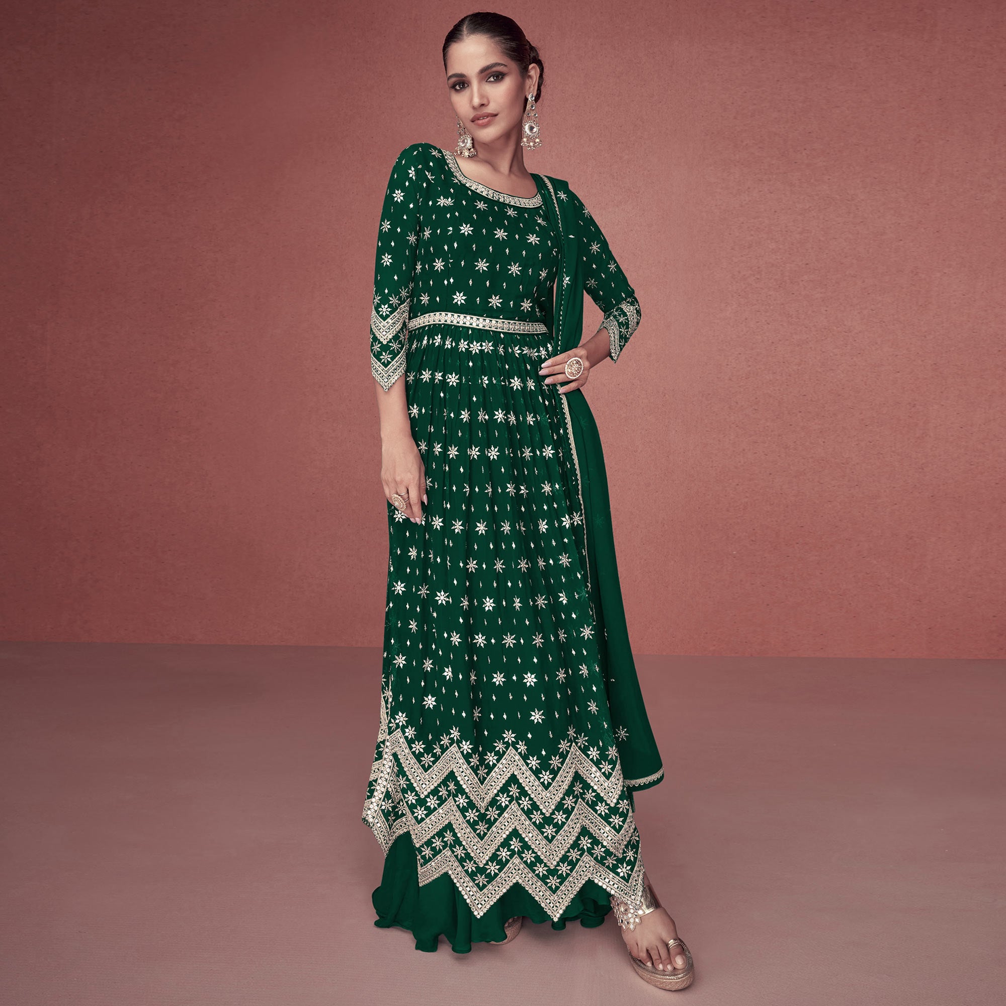 Green Sequins Embroidered Georgette Semi Stitched Naira Cut Suit