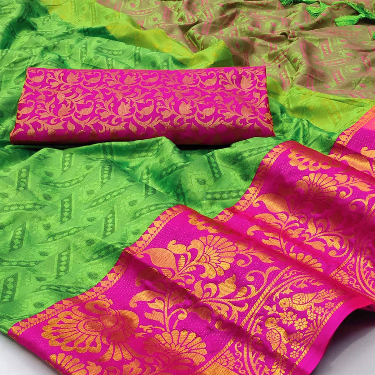 Parrot Green Woven Cotton Silk Saree With Tassels