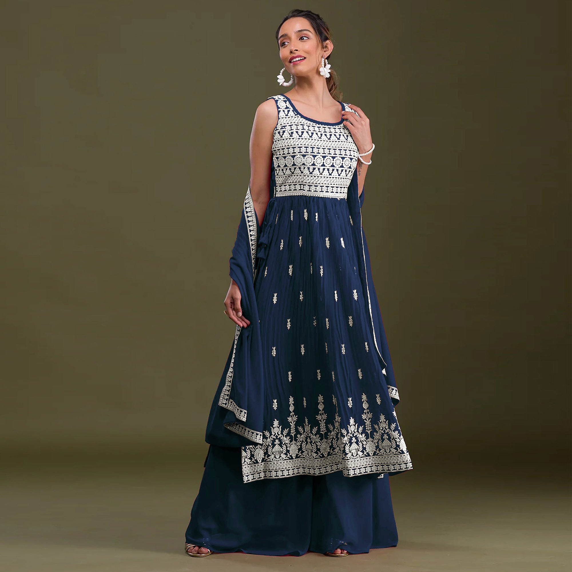 Navy Blue Jacket Style Embroidered Palazzo Suit