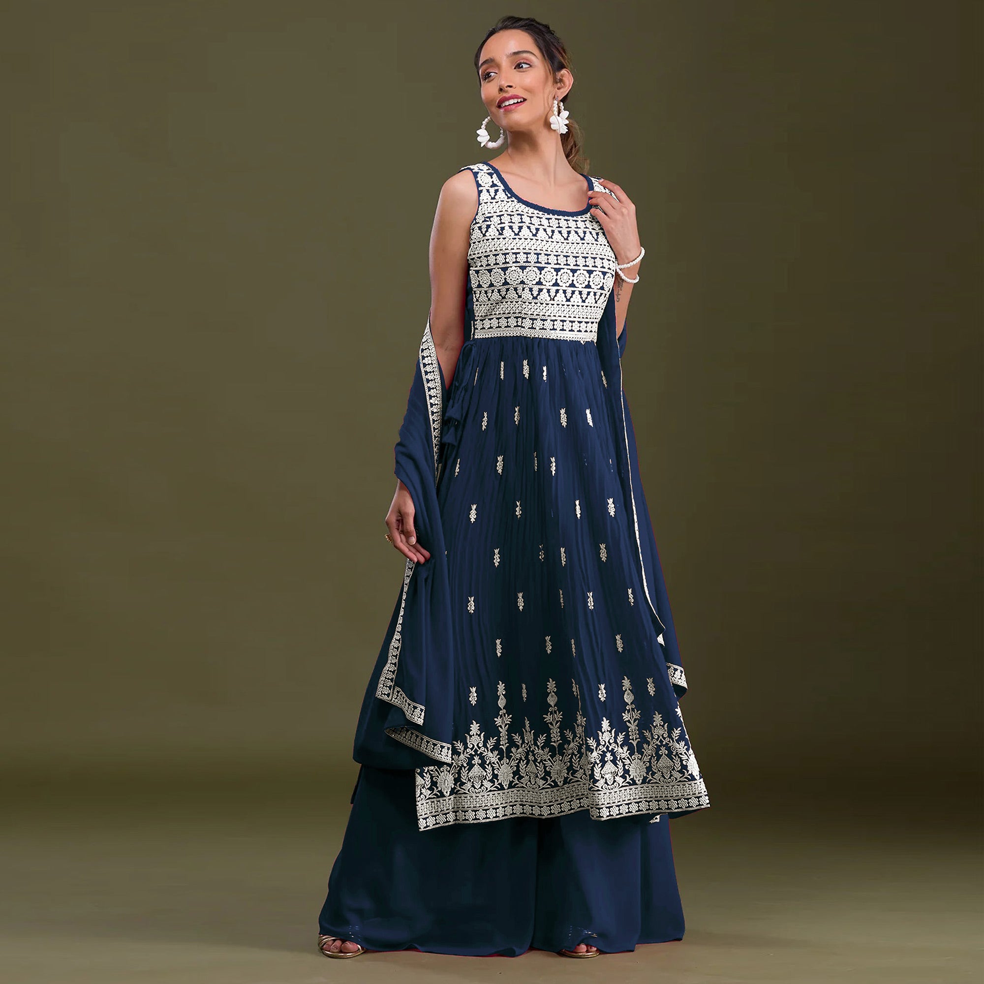 Blue Sequins Embroidered Georgette Semi Stitched Naira Cut Palazzo Suit