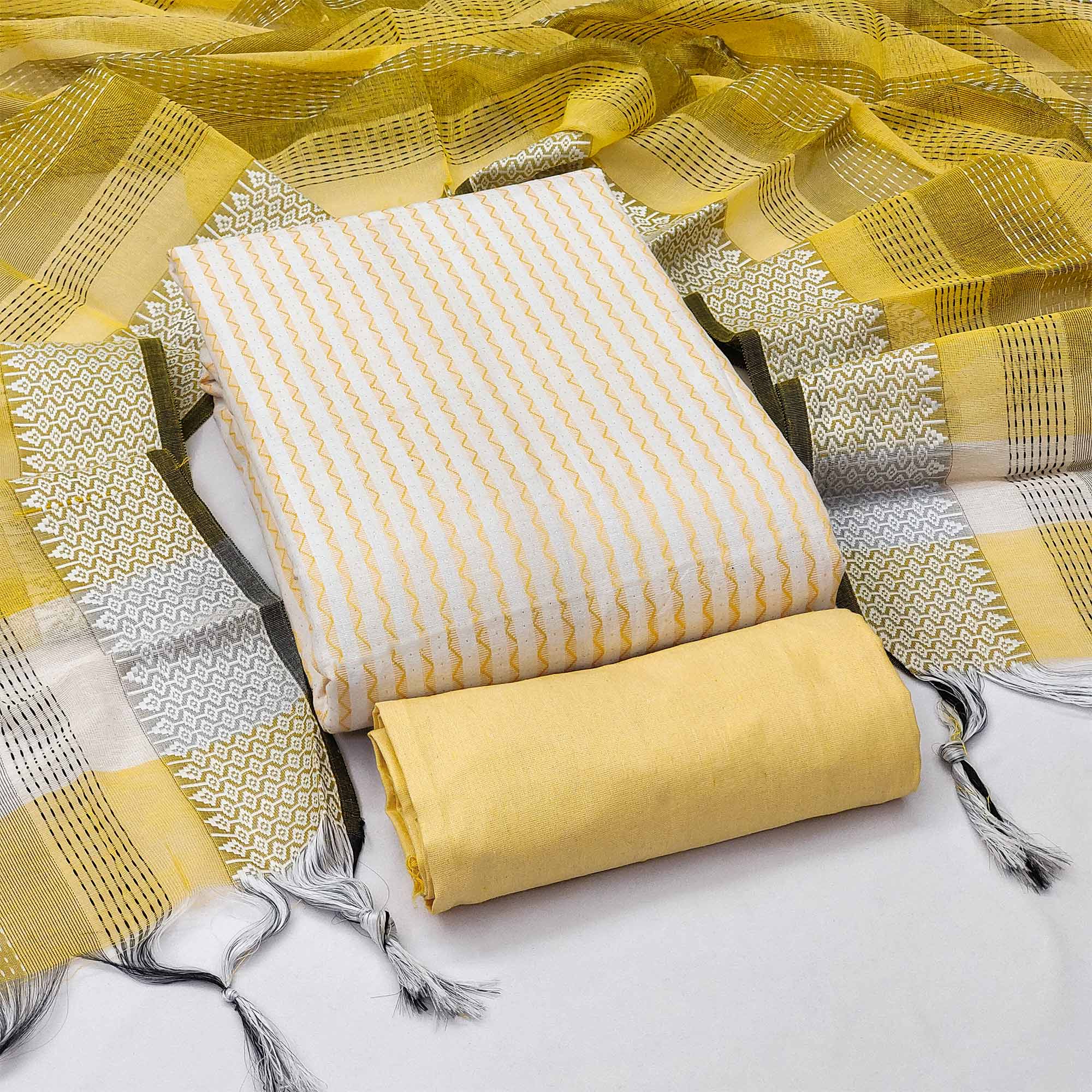 Yellow Striped Printed With Woven Cotton Blend Dress Material