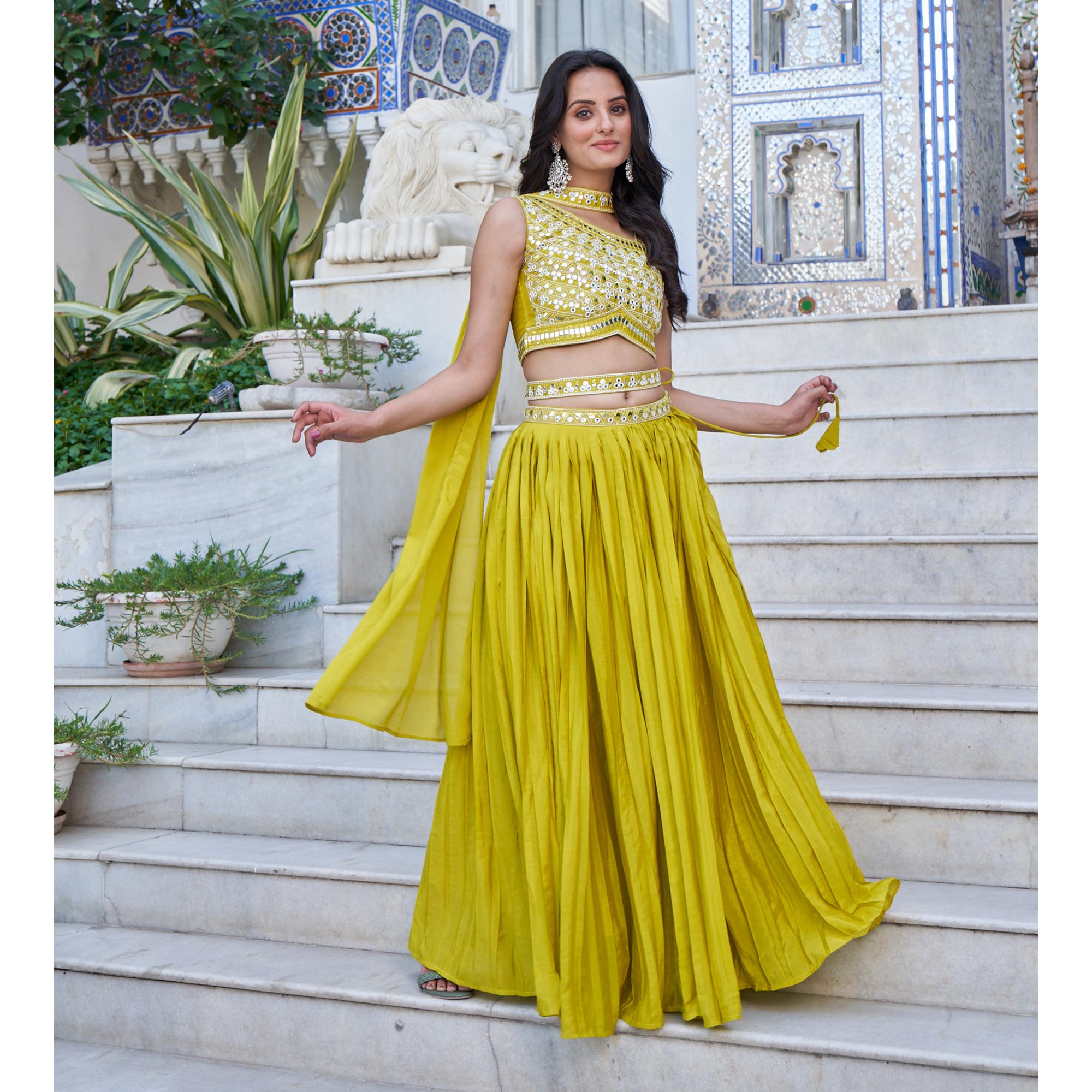 Lemon Green Embroidered Chiffon Plated Lehenga Choli