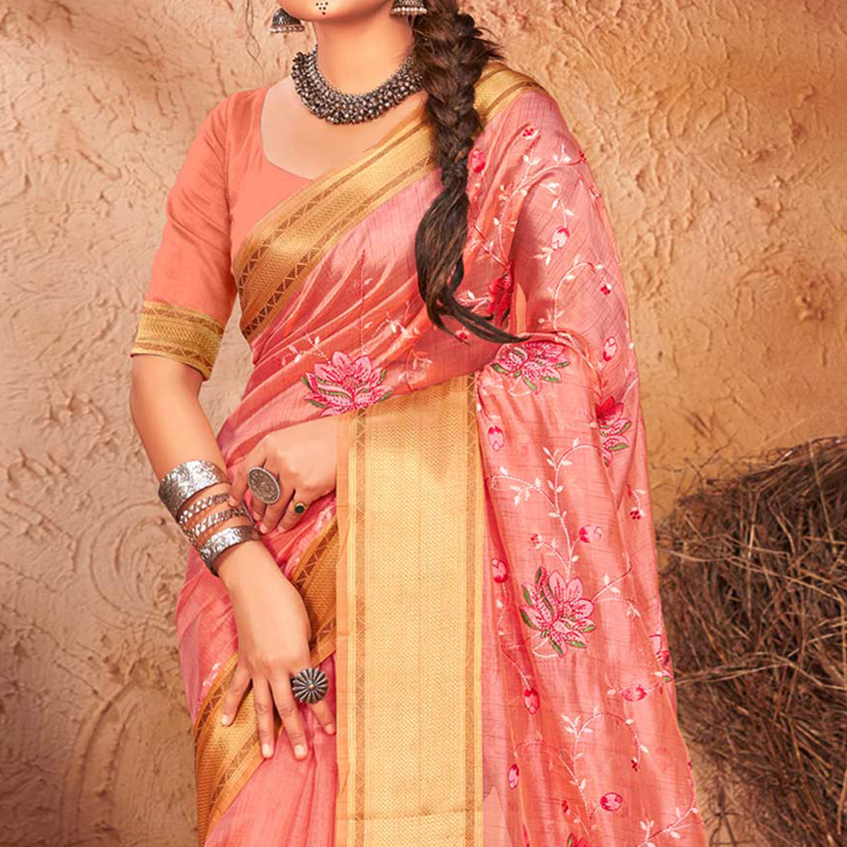 Pink Embroidered With Woven Border Organza Saree