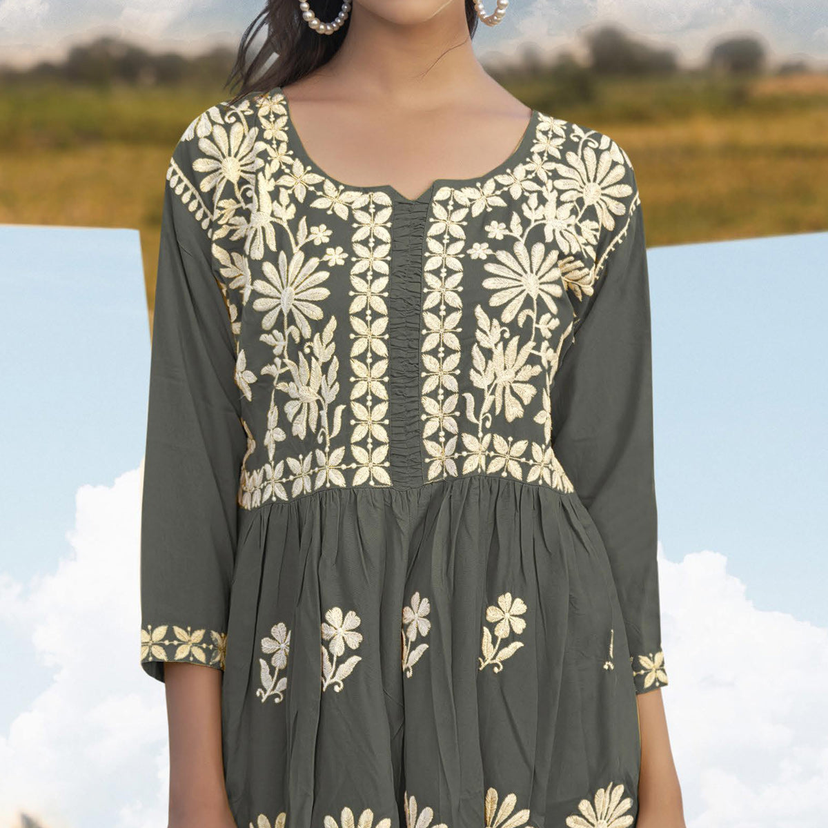 Grey Lucknowi Embroidered Rayon Tunic
