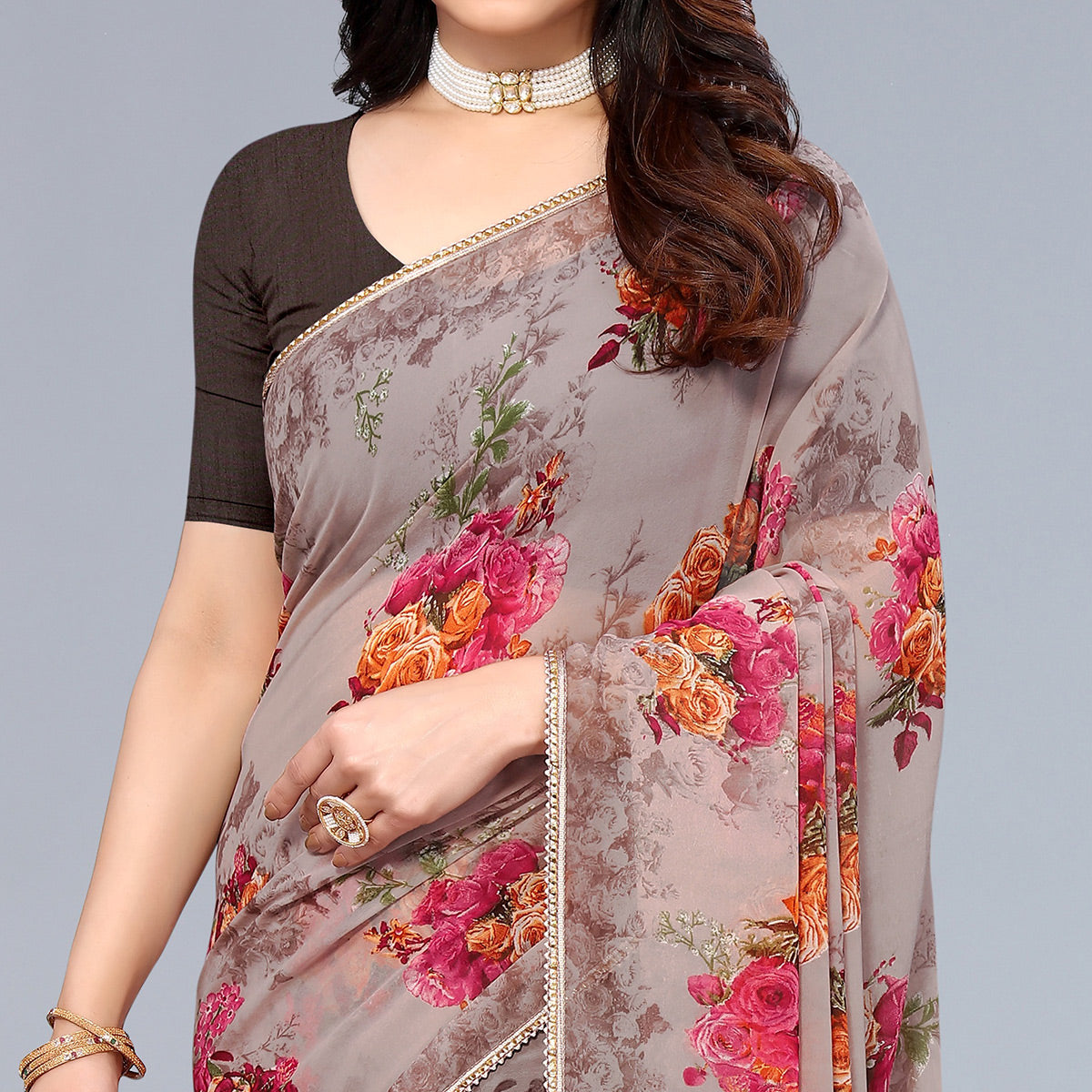Beige Floral Printed Georgette Saree