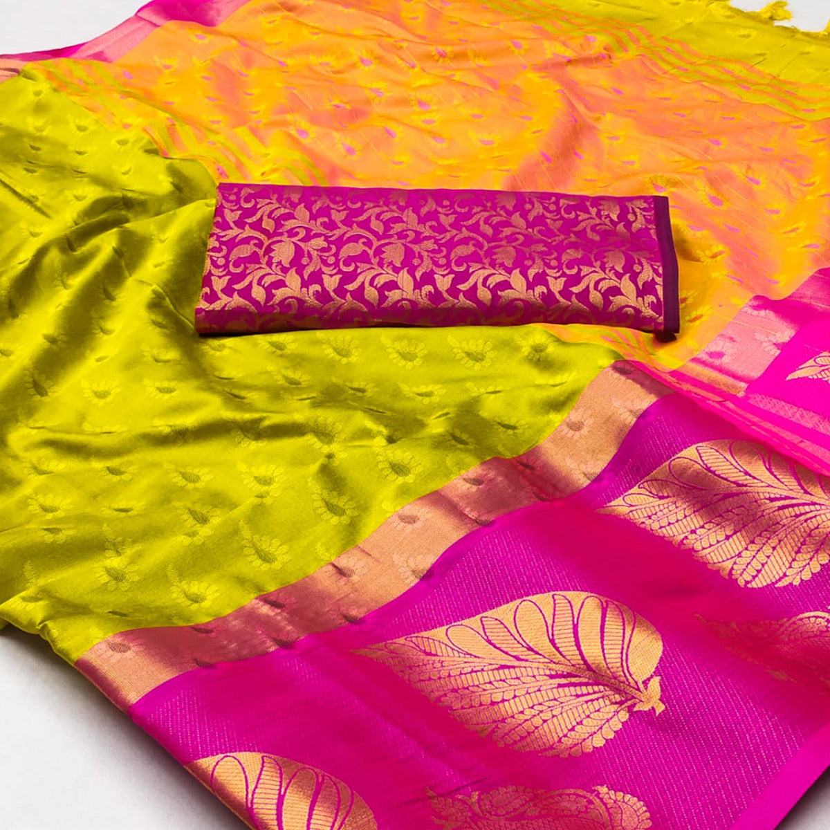 Lemon Green & Pink Woven Cotton Silk Saree With Tassels