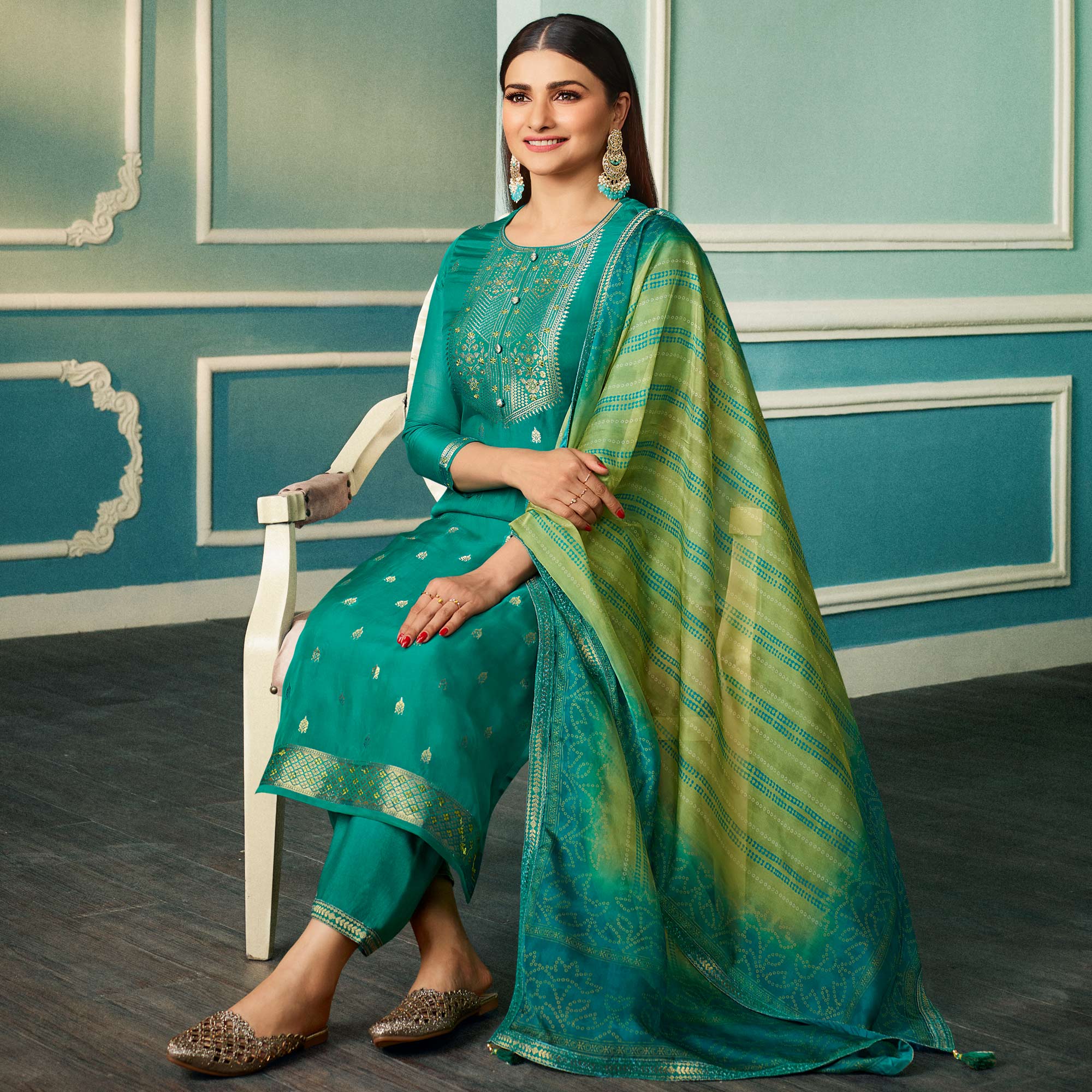 Rama Green Floral Woven Organza Salwar Suit