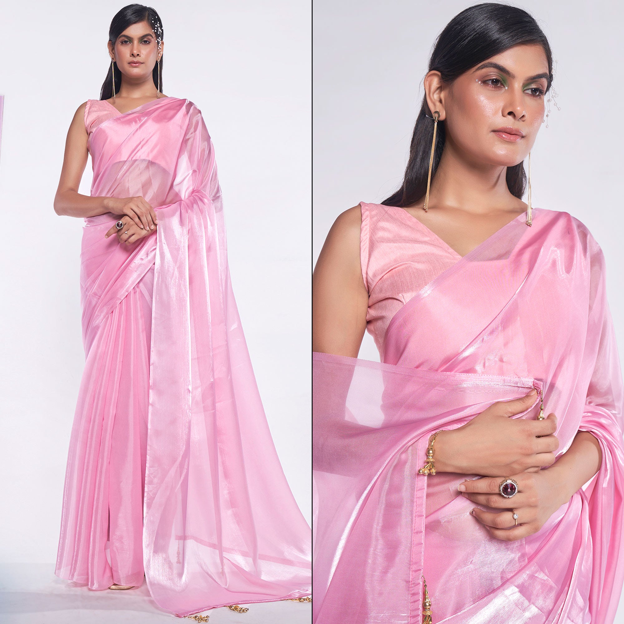 Pink Solid Organza Saree With Tassels