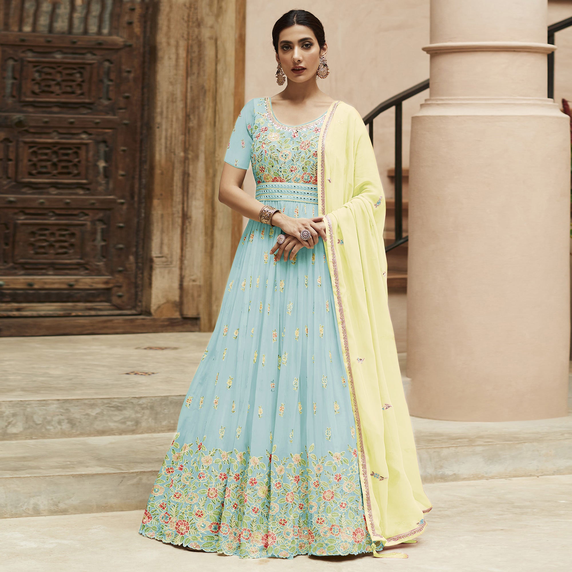 Light Sky Blue Sequins Floral Embroidered Georgette Semi Stitched Anarkali Suit