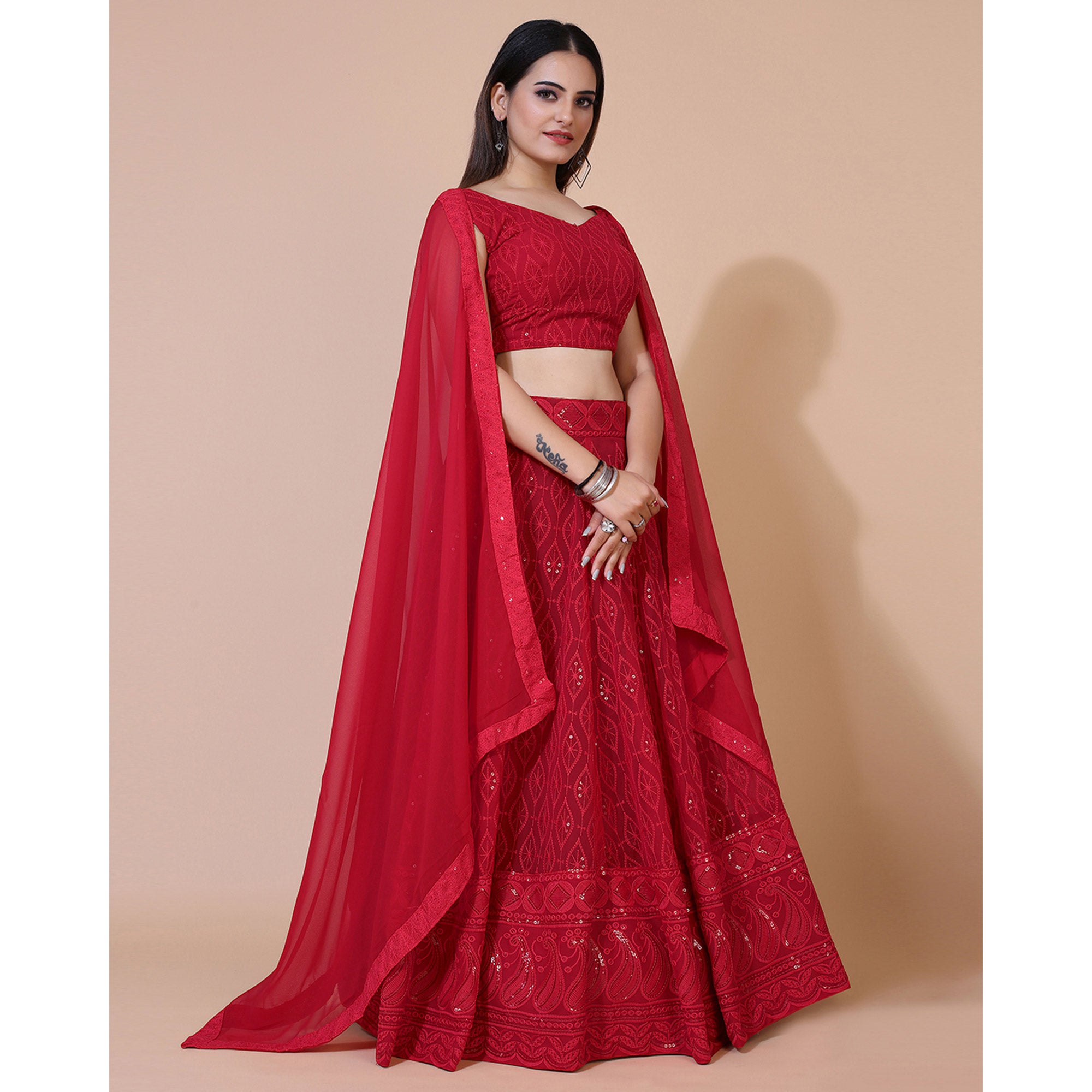 Dark Red Lucknowi Chikankari Work Georgette Lehenga Choli