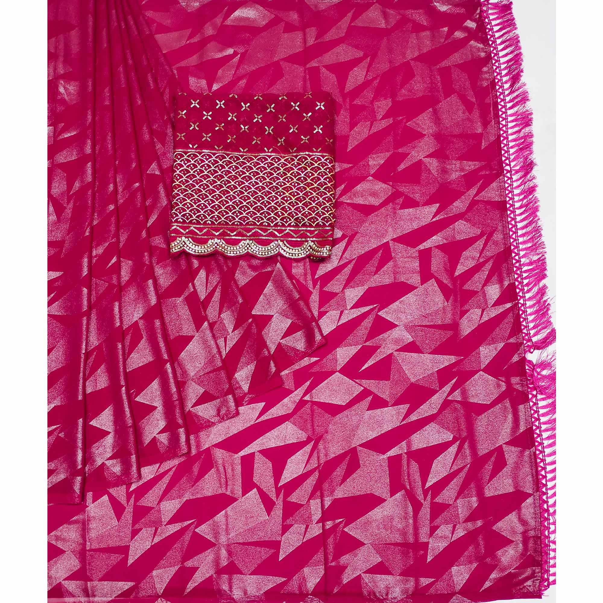 Pink Foil Printed Georgette Saree