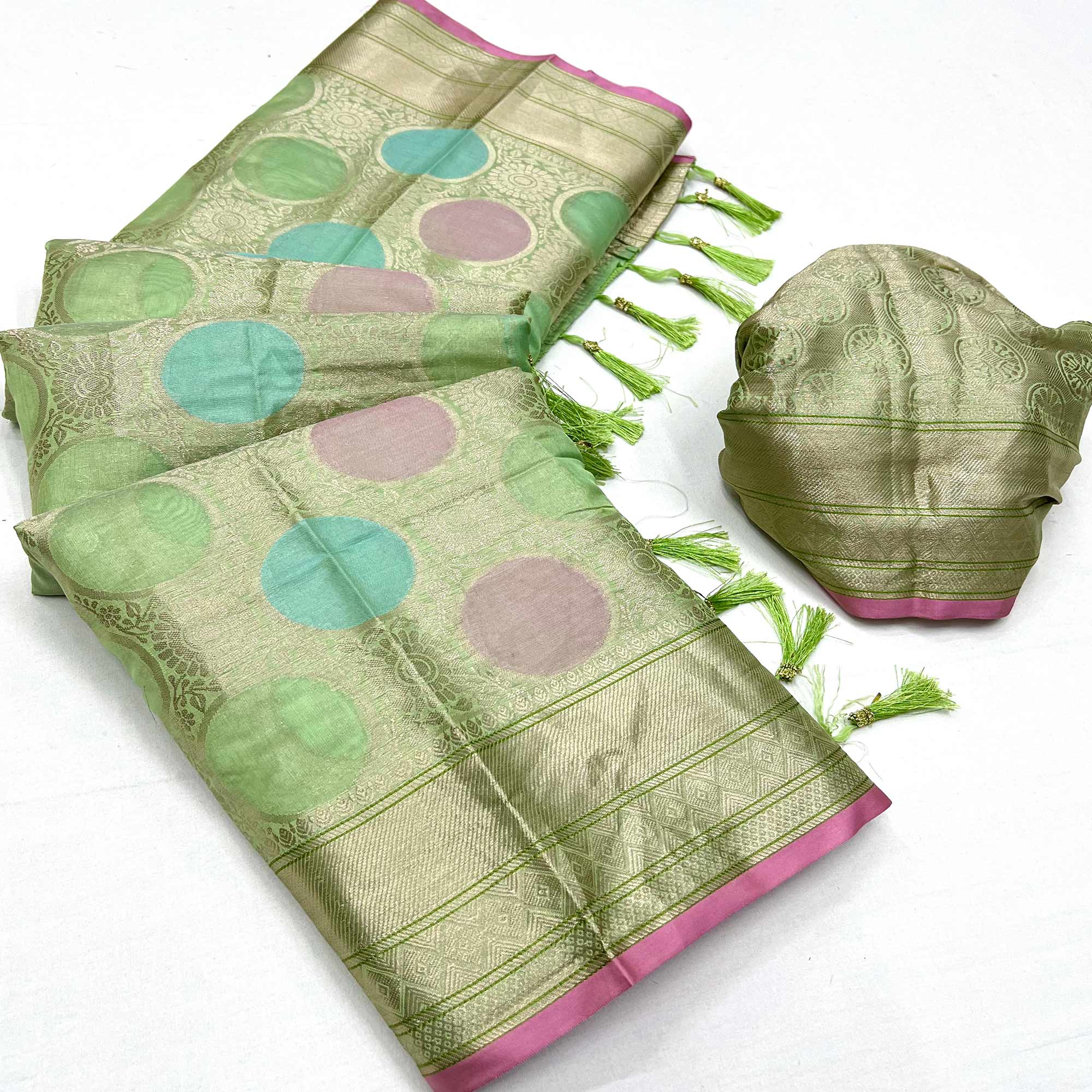 Pista Green Floral Woven Organza Saree With Tassels