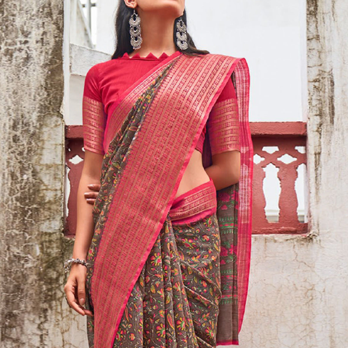 Brown Printed With Woven Border Raw Silk Saree