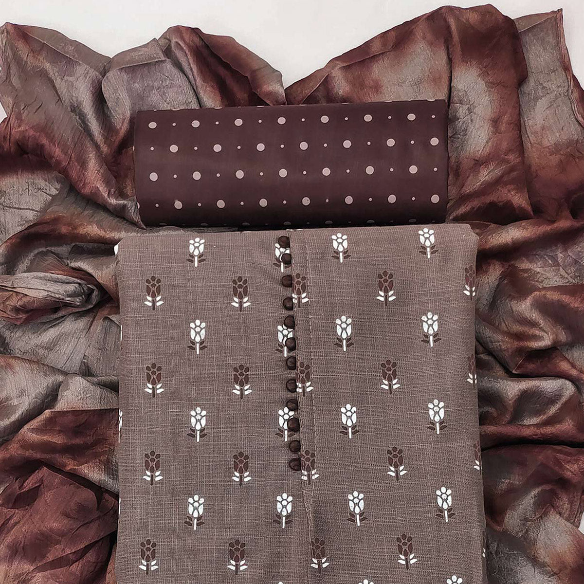 Dark Chikoo Floral Printed Cotton Blend Dress Material