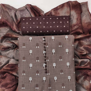 Dark Chikoo Floral Printed Cotton Blend Dress Material