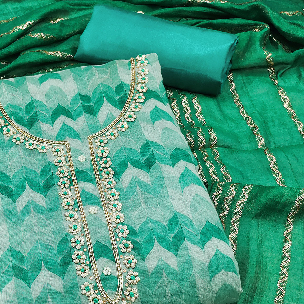 Green Printed With Handwork Modal Dress Material