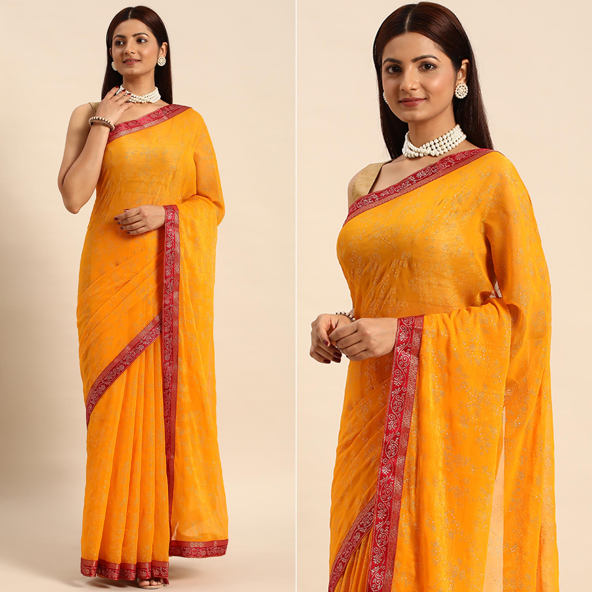 Yellow Floral Foil Printed Shimmer Saree