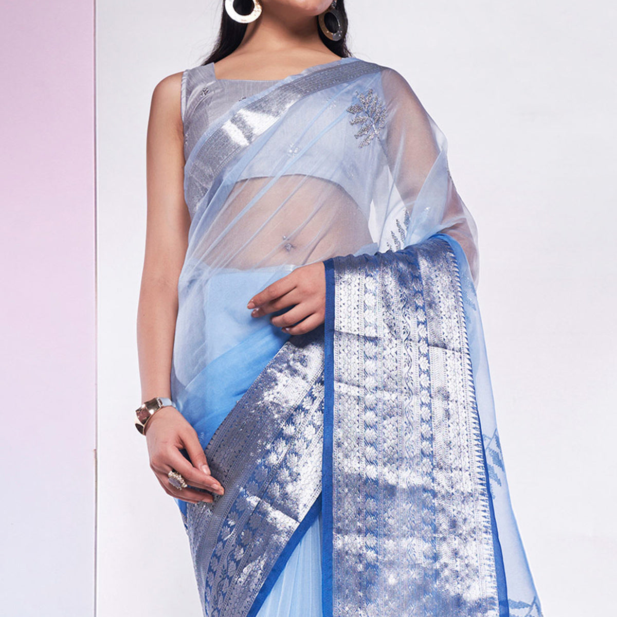 Blue Sequins Embroidered Organza Saree