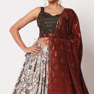 Offwhite Printed Art Silk Lehenga Choli