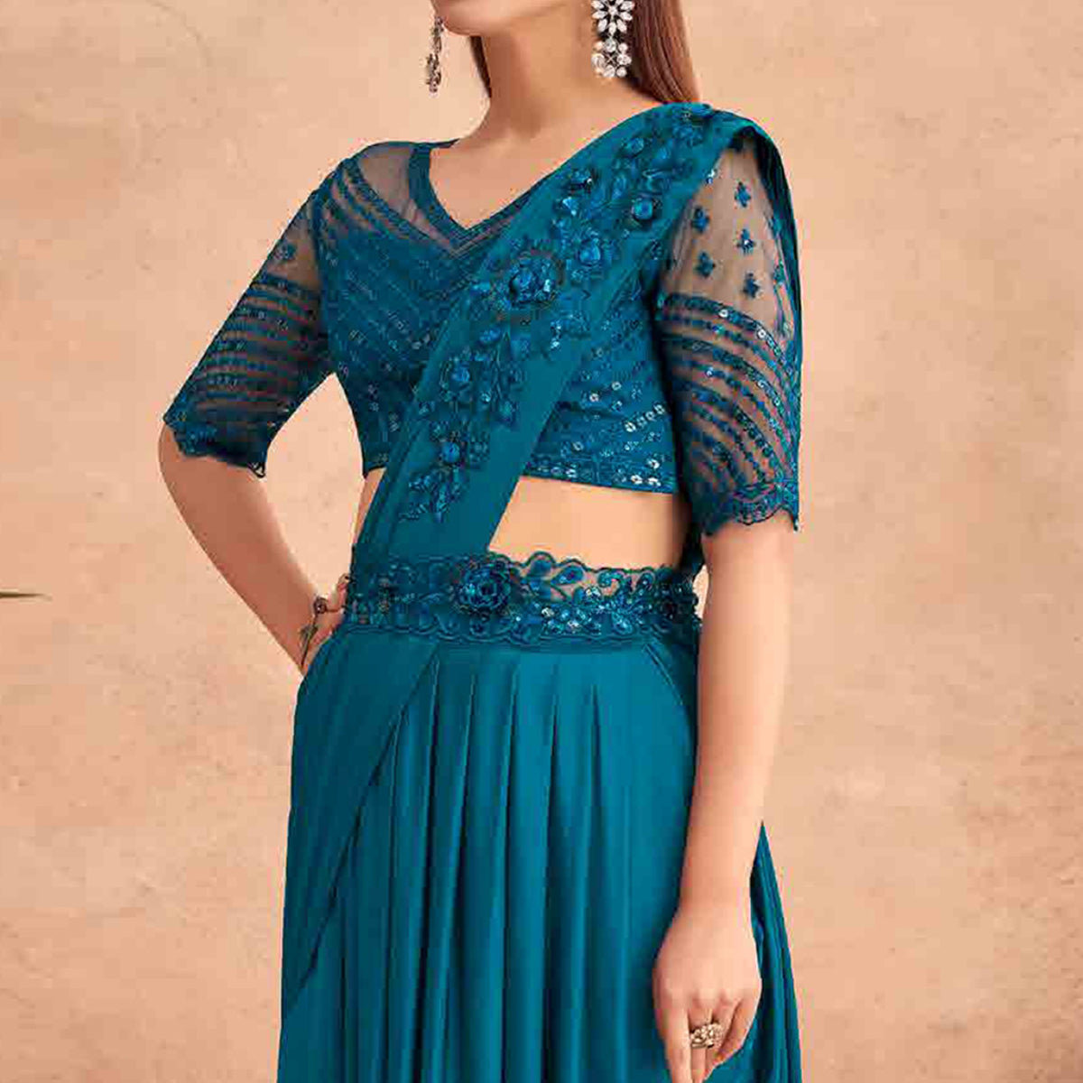 Teal Blue Sequins Embroidered Ready to Wear Lycra Saree