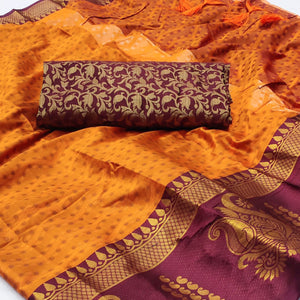 Orange Woven Cotton Silk Saree With Tassels