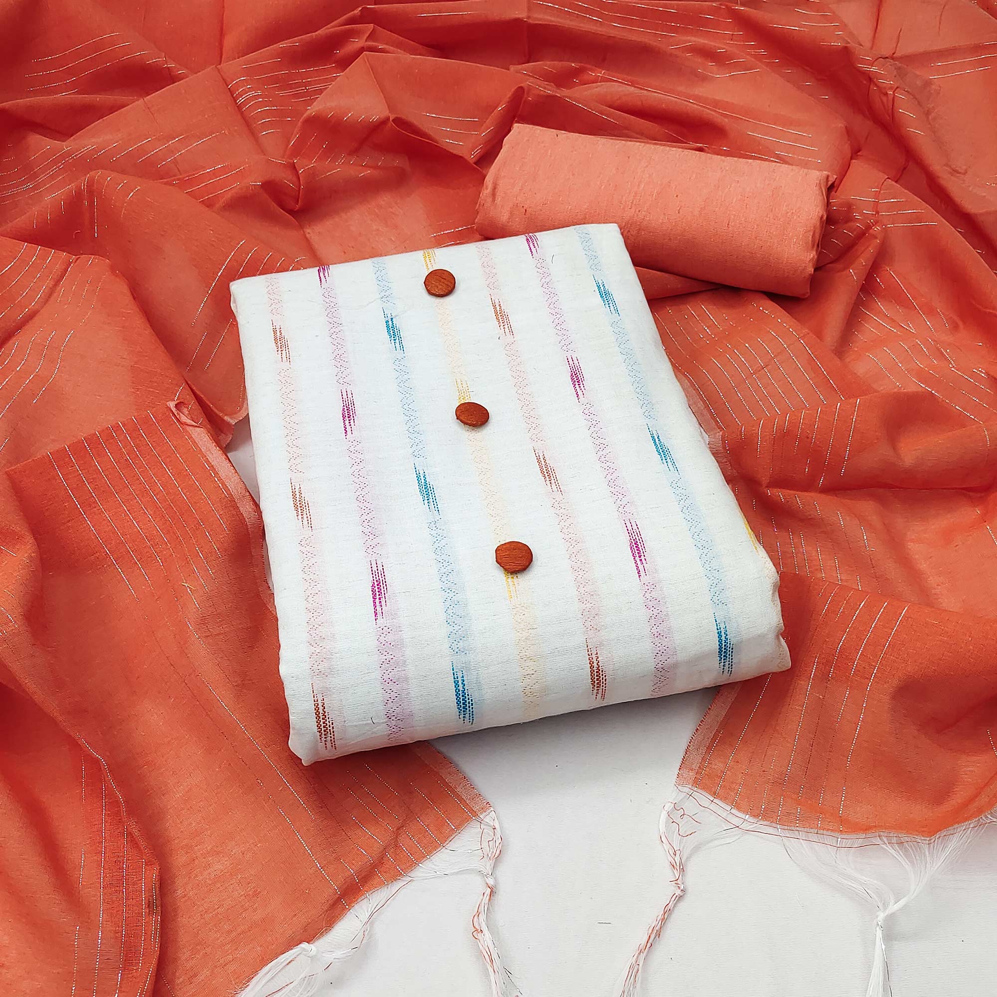 White Orange Strpied Printed Cotton Dress Material