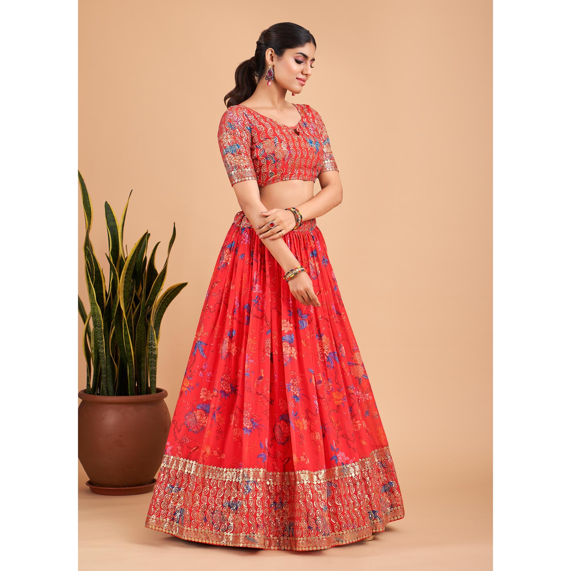 Coral Red Floral Printed And Sequins Work Georgette Lehenga Choli