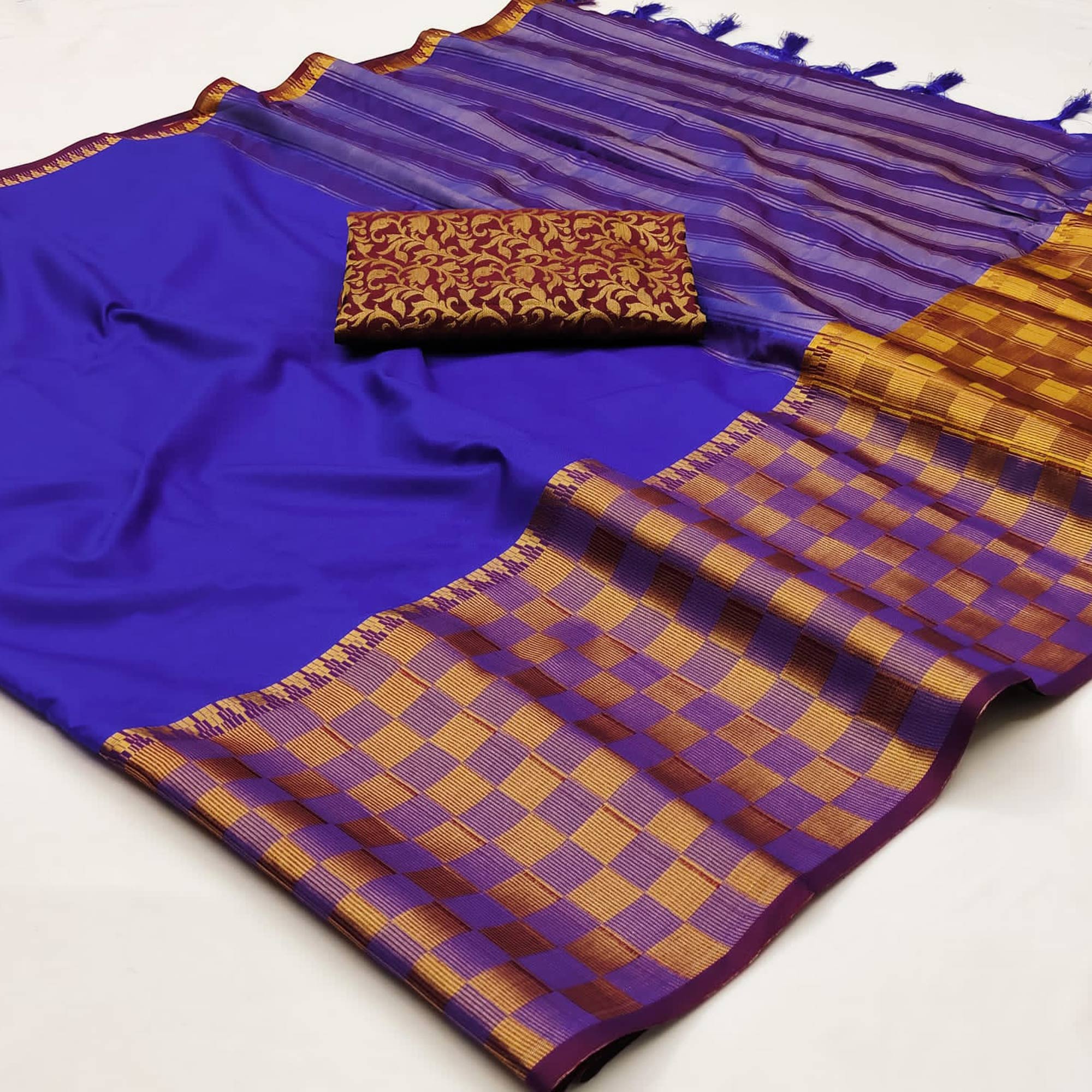 Royal Blue Woven Cotton Silk Saree With Tassels