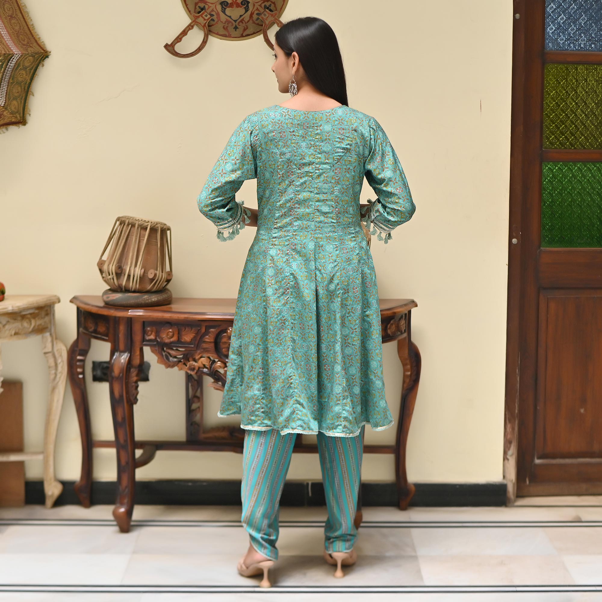 Sea Green Printed Muslin Kurti With Dhoti Set