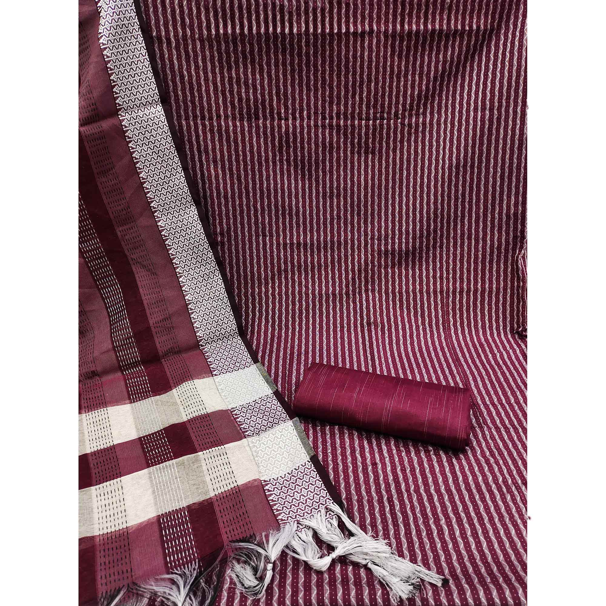 Wine Woven Cotton Blend Dress Material