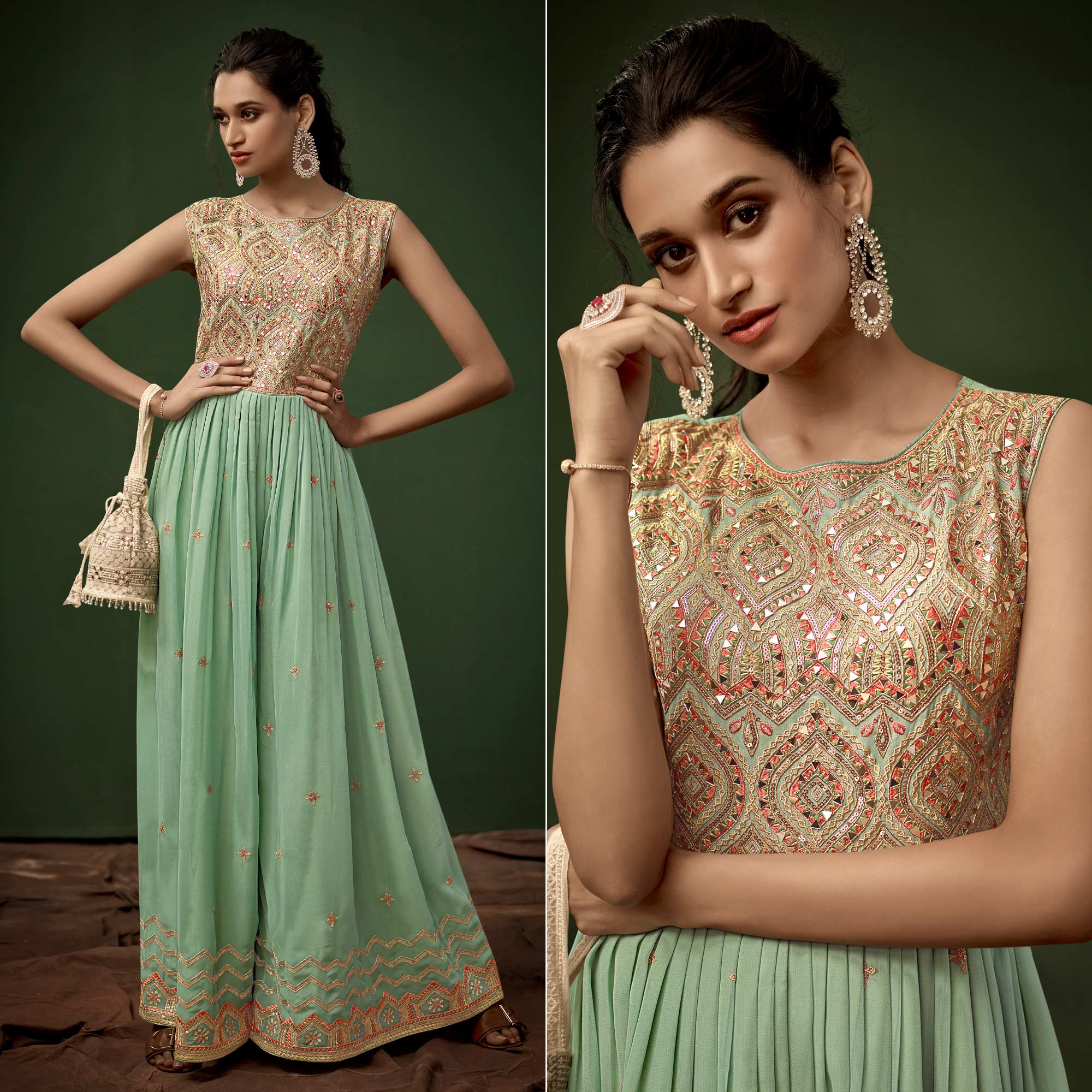 Pista Green Sequins With Mirror Embroidered Georgette Jumpsuit