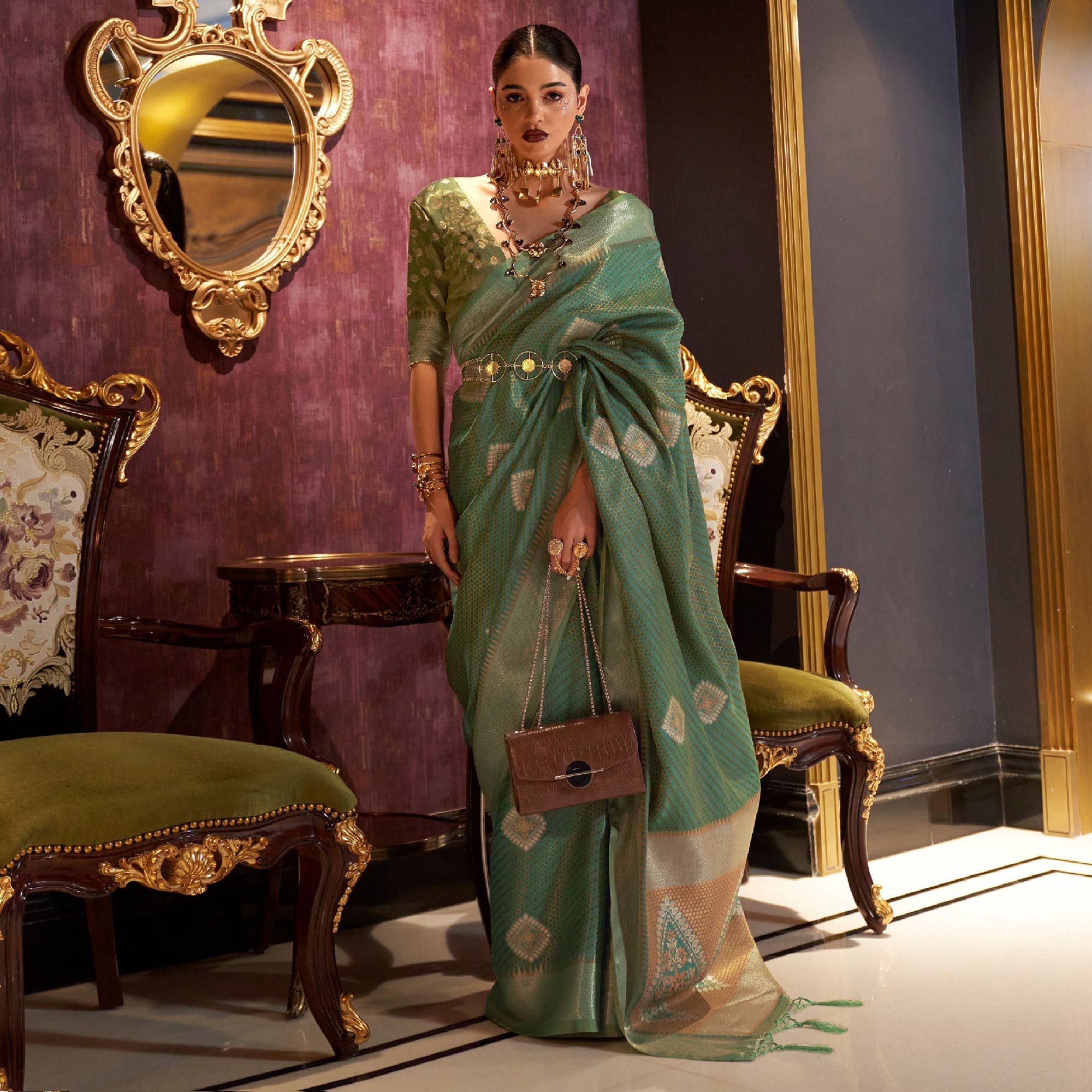 Green Woven Art Silk Saree With Tassels