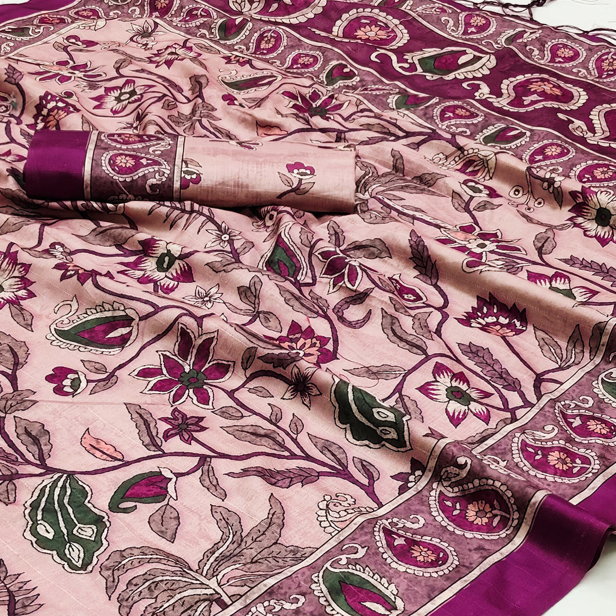 Pink Floral Digital Printed Tussar Silk Saree With Tassels