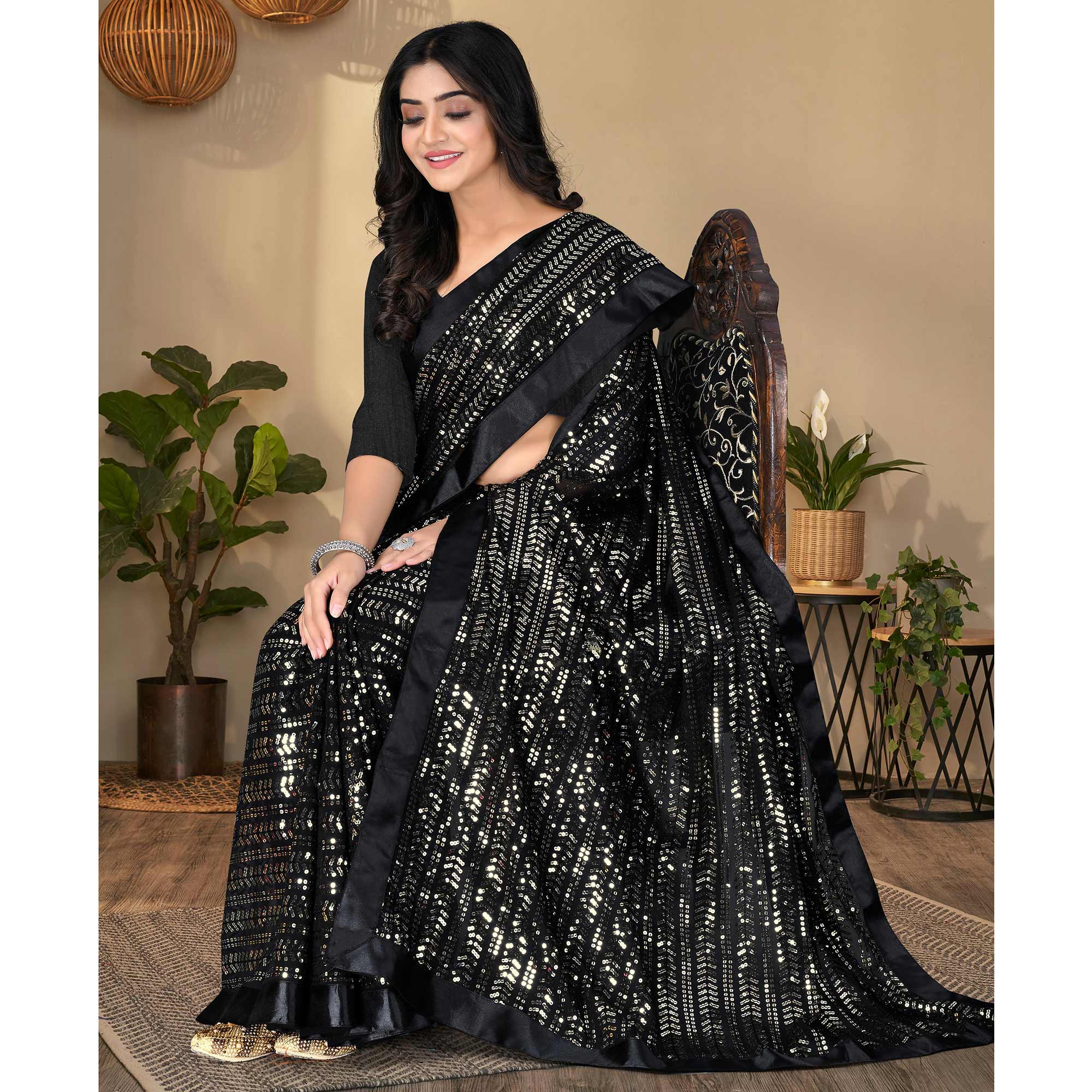 Black Sequins Embroidered Georgette Saree